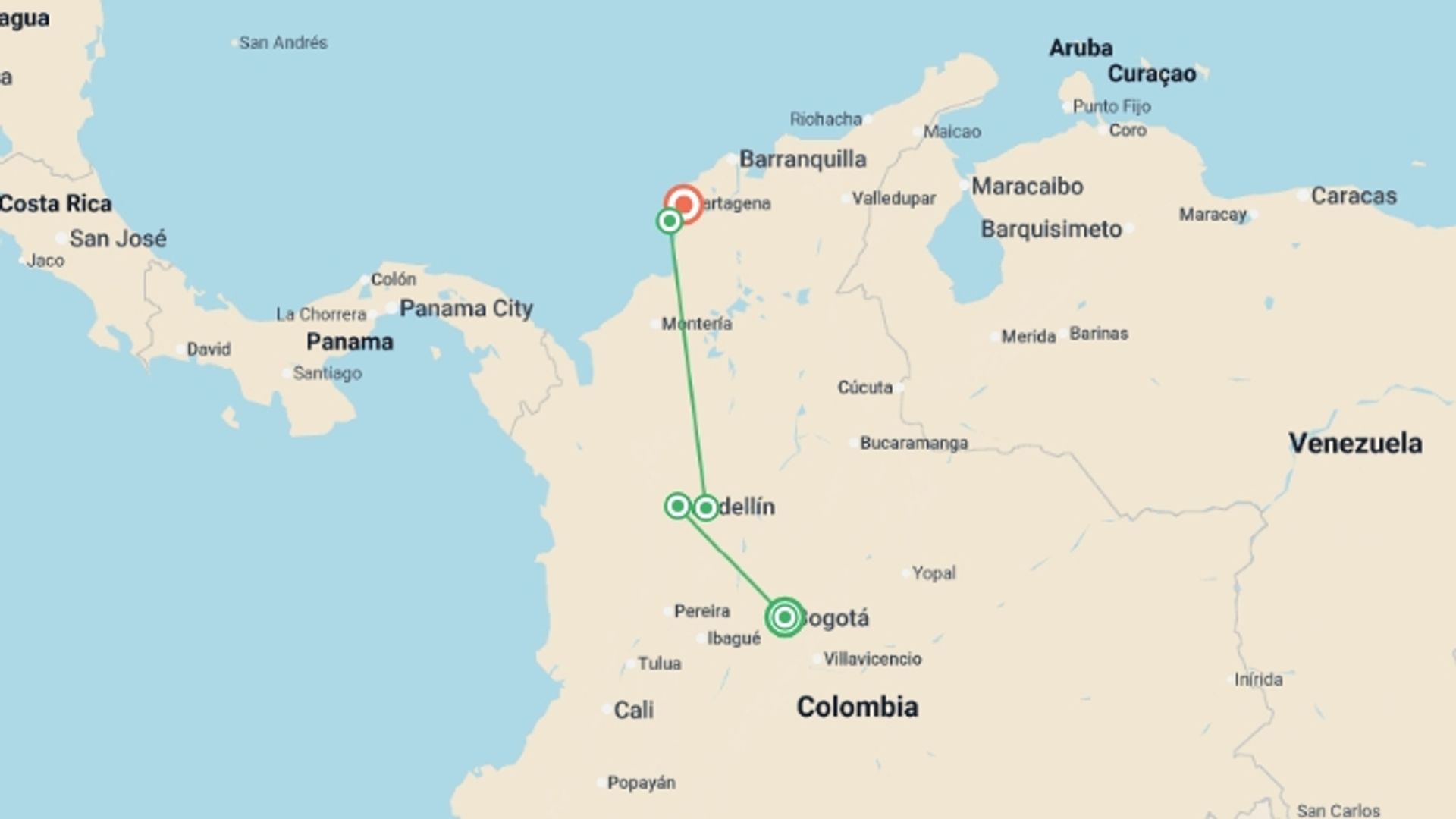 A map showing the tour itinerary for the trip: Colombia: Andean Vistas to Guatapé & the Caribbean, starting in Bogota, Colombia and ending in Cartagena, Colombia going through 3 other destinations.