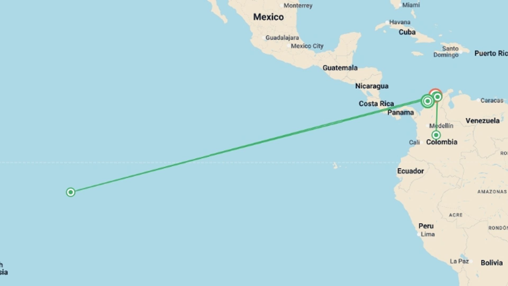 A map showing the tour itinerary for the trip: Colombia's Caribbean Coast & Lost City, starting in Cartagena, Colombia and ending in Santa Marta, Colombia going through 3 other destinations.