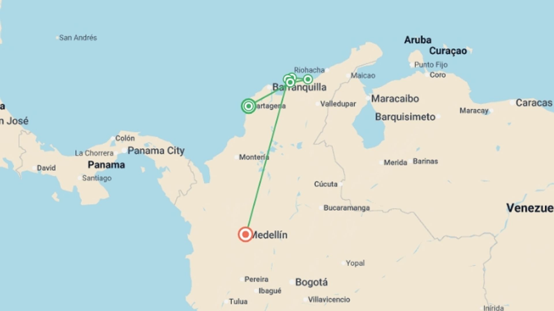 A map showing the tour itinerary for the trip: Colombian Explorer: Medellín Nights & Tayrona National Park, starting in Cartagena, Colombia and ending in Medellin, Colombia going through 3 other destinations.