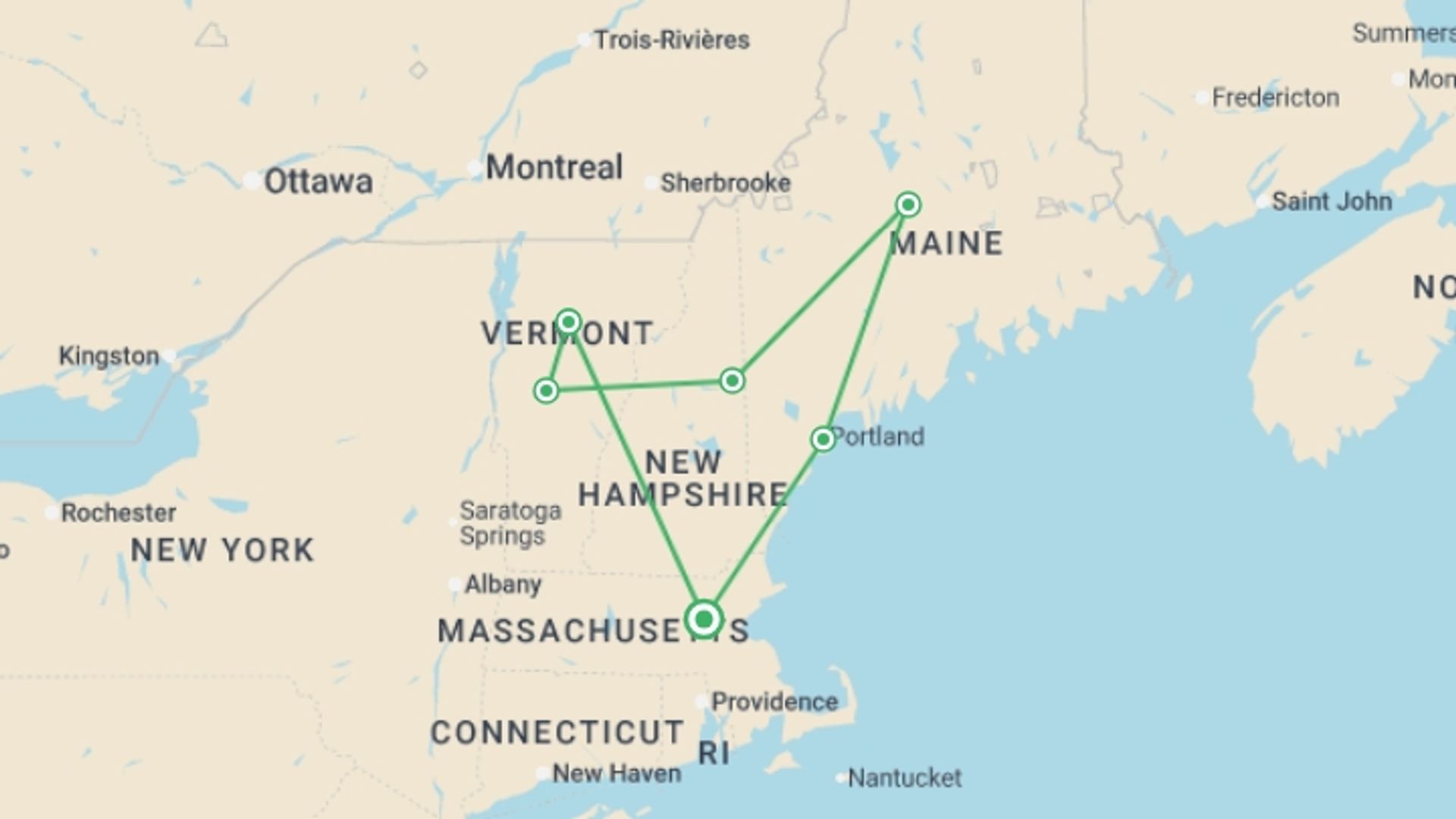 A map showing the tour itinerary for the trip: Colors of New England , starting in Boston, USA and ending in Boston, USA going through 3 other destinations.