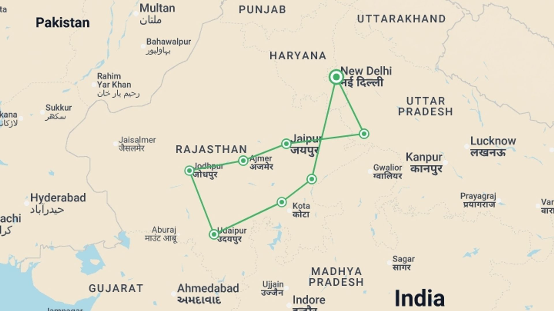 A map showing the tour itinerary for the trip: Colours of Rajasthan, starting in New Delhi, India and ending in New Delhi, India going through 7 other destinations.
