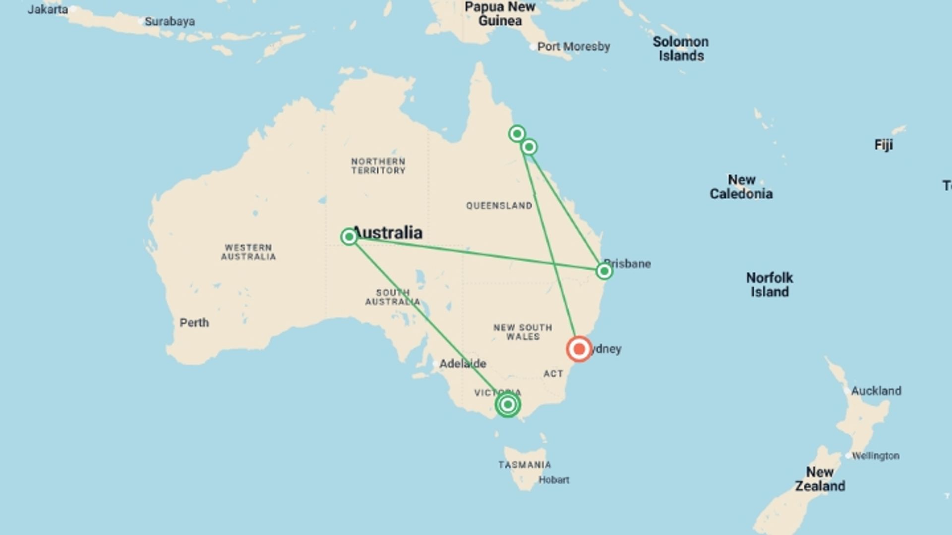 A map showing the tour itinerary for the trip: Complete Australia Adventure - 14 days, starting in Melbourne, Australia and ending in Australia going through 4 other destinations.