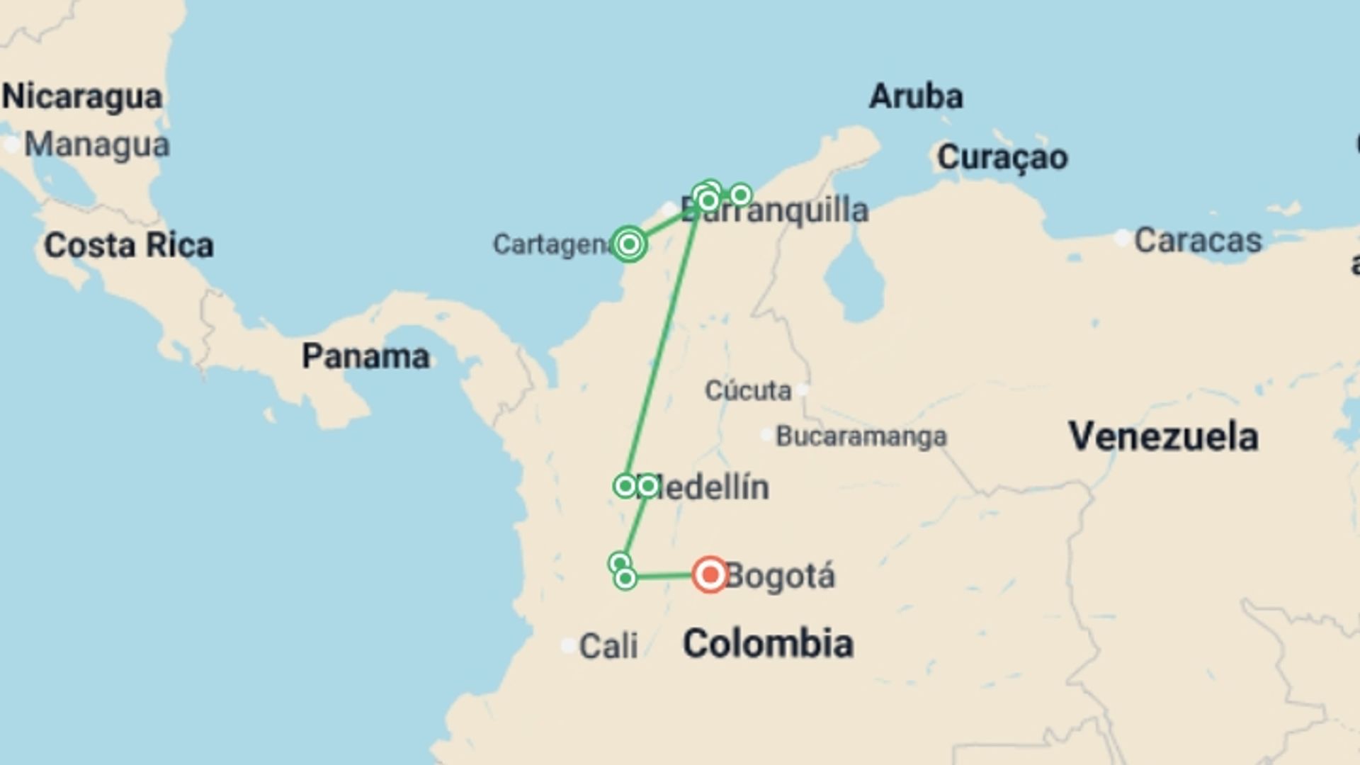 A map showing the tour itinerary for the trip: Complete Colombia: Coastal Caribbean & Inland Hidden Gems, starting in Cartagena, Colombia and ending in Bogota, Colombia going through 5 other destinations.