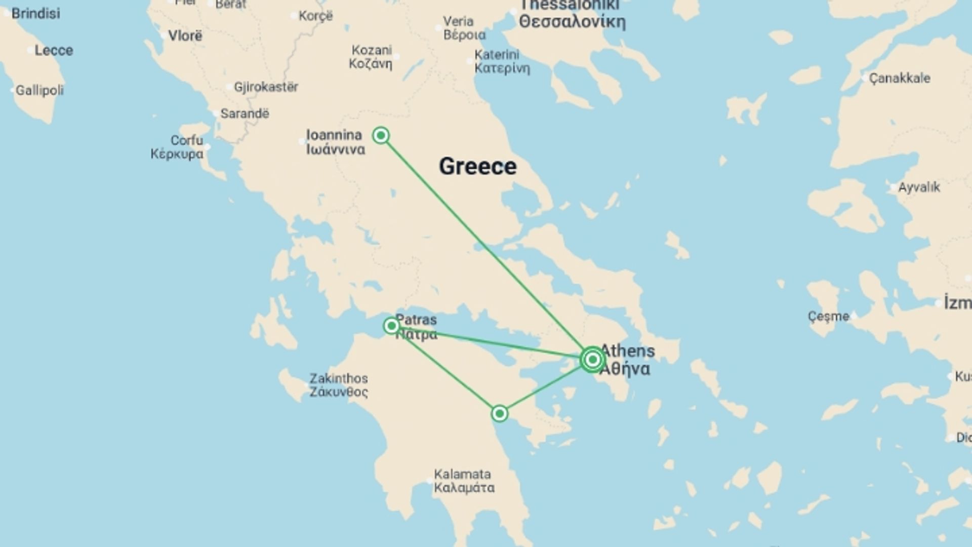 A map showing the tour itinerary for the trip: Complete Greece, starting in Athens, Greece and ending in Athens, Greece going through 2 other destinations.