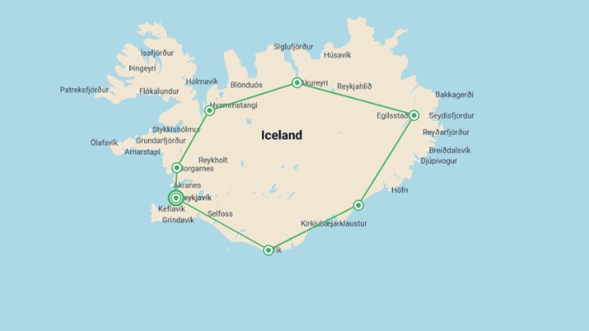 A map showing the tour itinerary for the trip: Complete Iceland Adventure, starting in Reykjavik, Iceland and ending in Reykjavik, Iceland going through 4 other destinations.