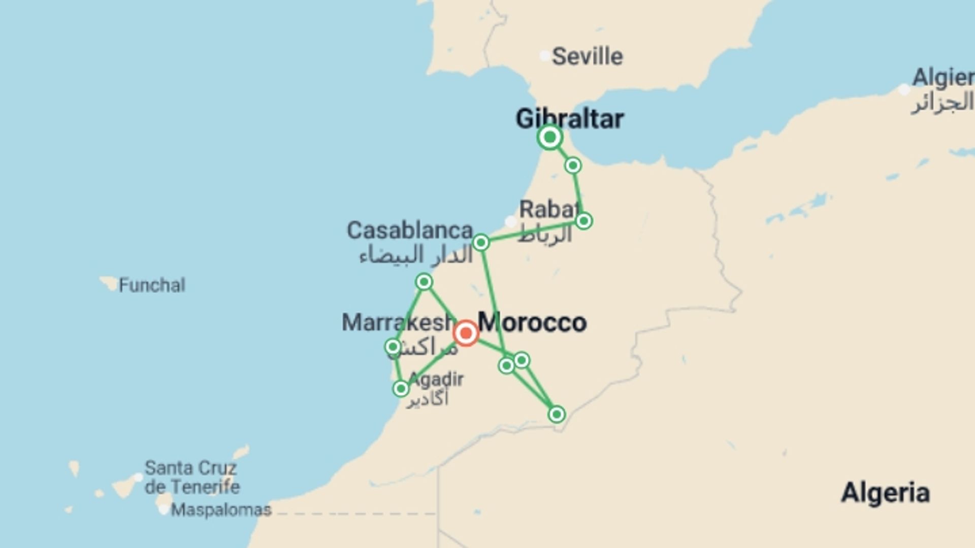 A map showing the tour itinerary for the trip: Complete Morocco: The Sahara to the Coast, starting in Tangier, Morocco and ending in Marrakech, Morocco going through 6 other destinations.