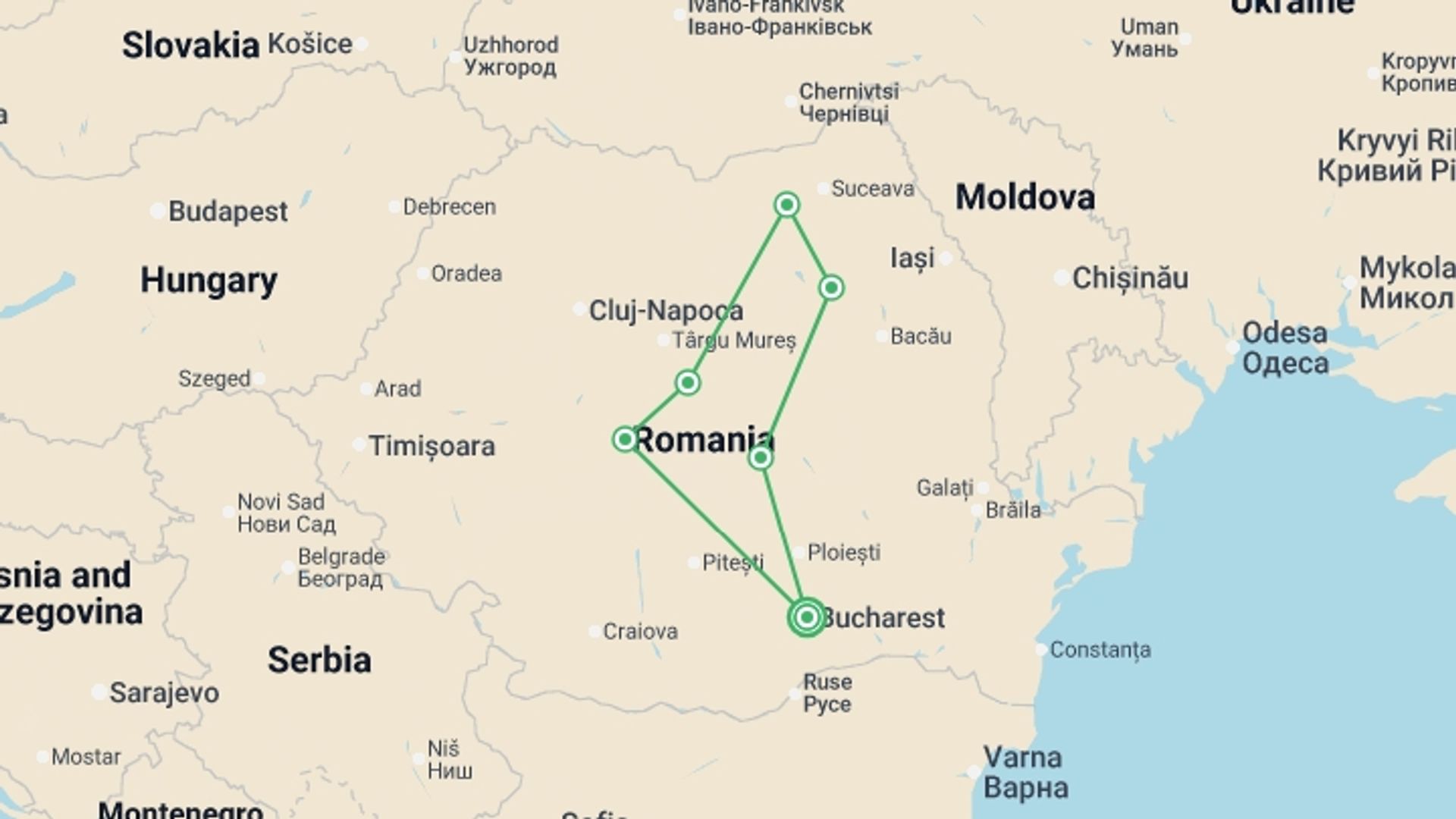 A map showing the tour itinerary for the trip: Complete Romania, starting in Bucharest, Romania and ending in Bucharest, Romania going through 4 other destinations.
