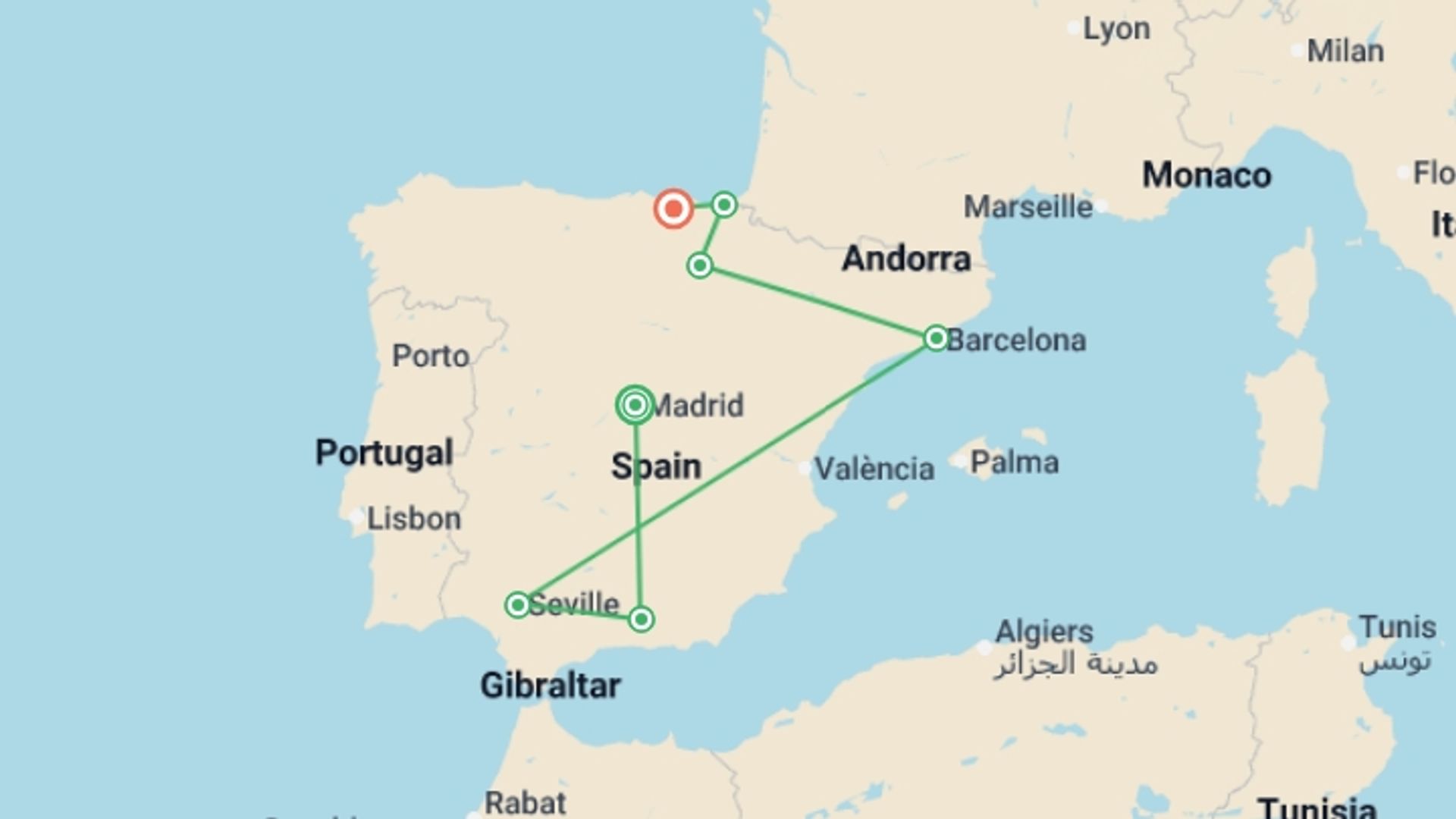 A map showing the tour itinerary for the trip: Complete Spain: South to North Adventure, starting in Madrid, Spain and ending in Bilbao, Spain going through 7 other destinations.