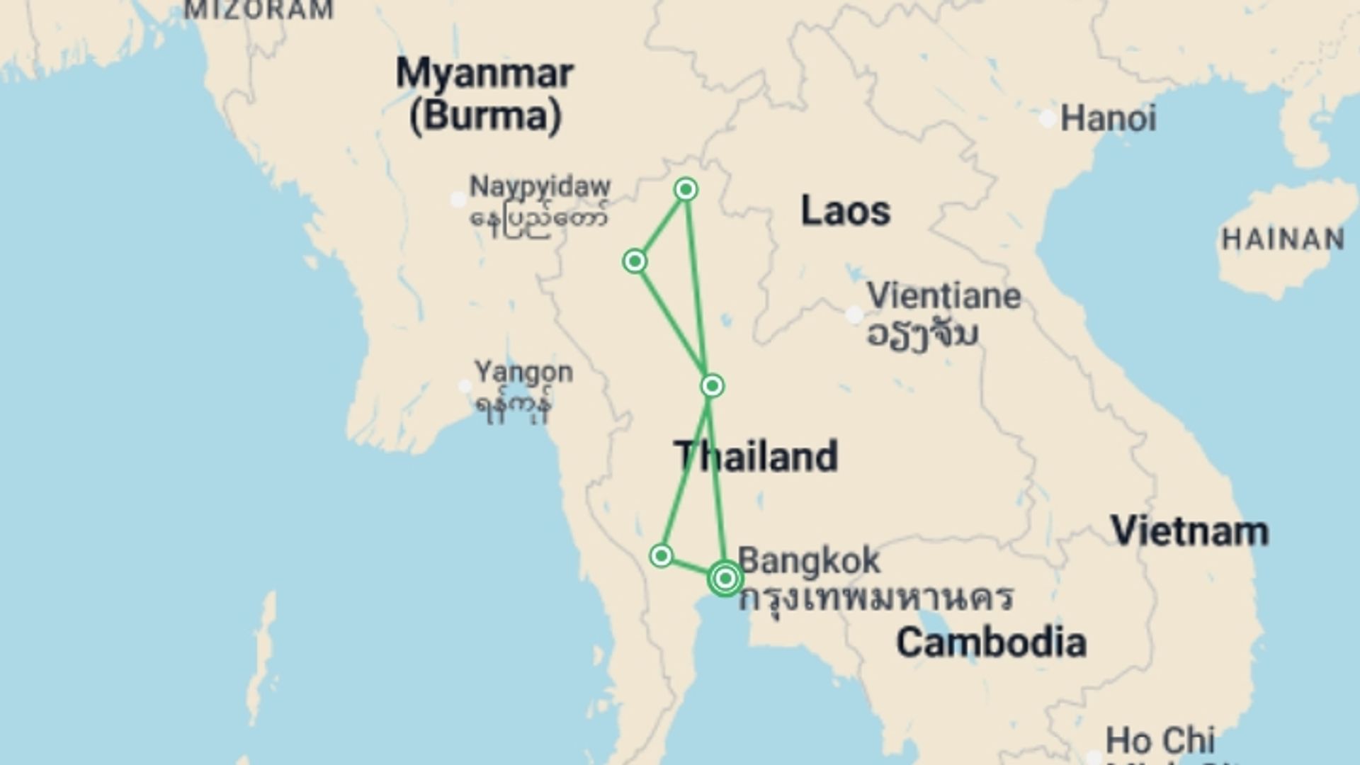 A map showing the tour itinerary for the trip: Complete Thailand with Kanchanaburi – Ending in Bangkok, starting in Bangkok, Thailand and ending in Bangkok, Thailand going through 4 other destinations.