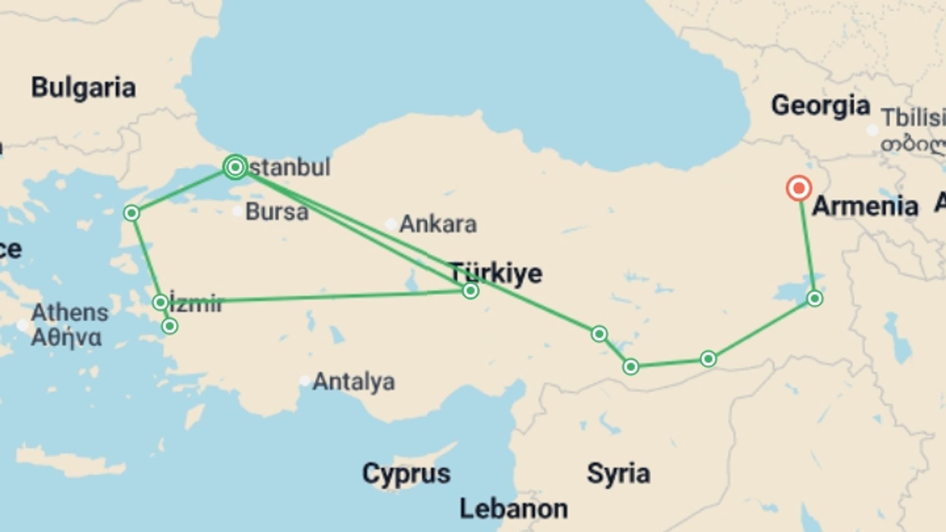 A map showing the tour itinerary for the trip: Complete Turkey, starting in Istanbul, Turkey and ending in Turkey going through 7 other destinations.