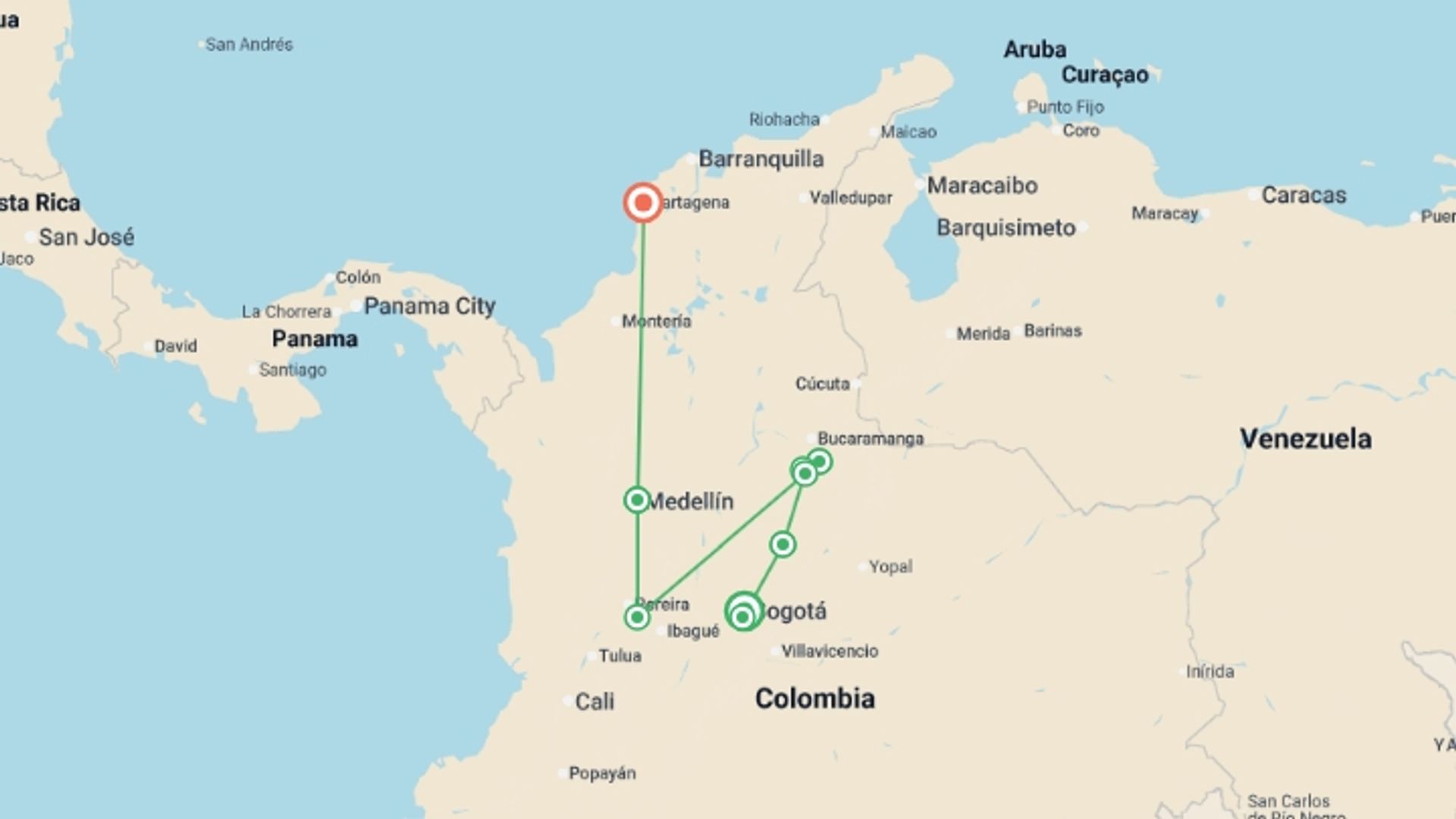 A map showing the tour itinerary for the trip: Contrasts of Colombia, starting in Bogota, Colombia and ending in Cartagena, Colombia going through 5 other destinations.