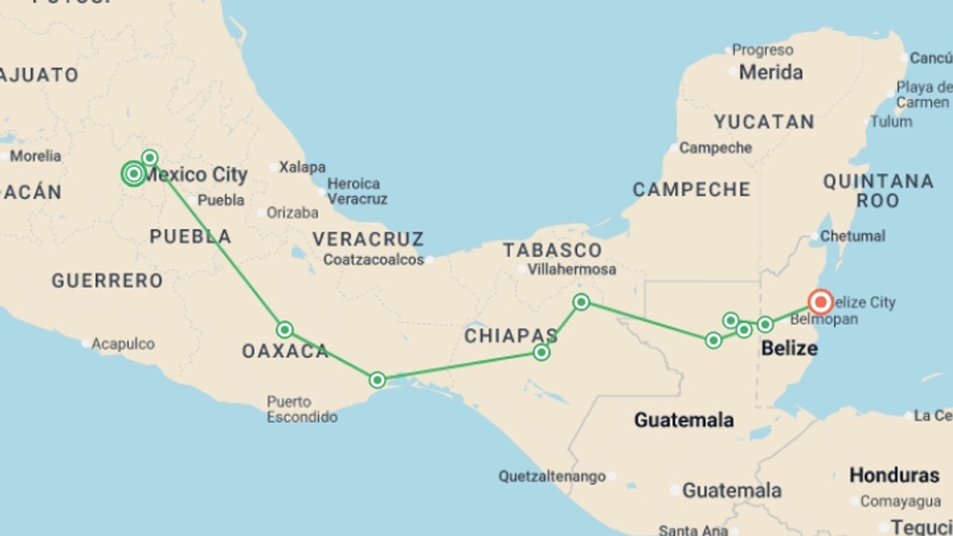 A map showing the tour itinerary for the trip: Contrasts of Mexico, starting in Mexico City, Mexico and ending in Belize City, Belize going through 6 other destinations.