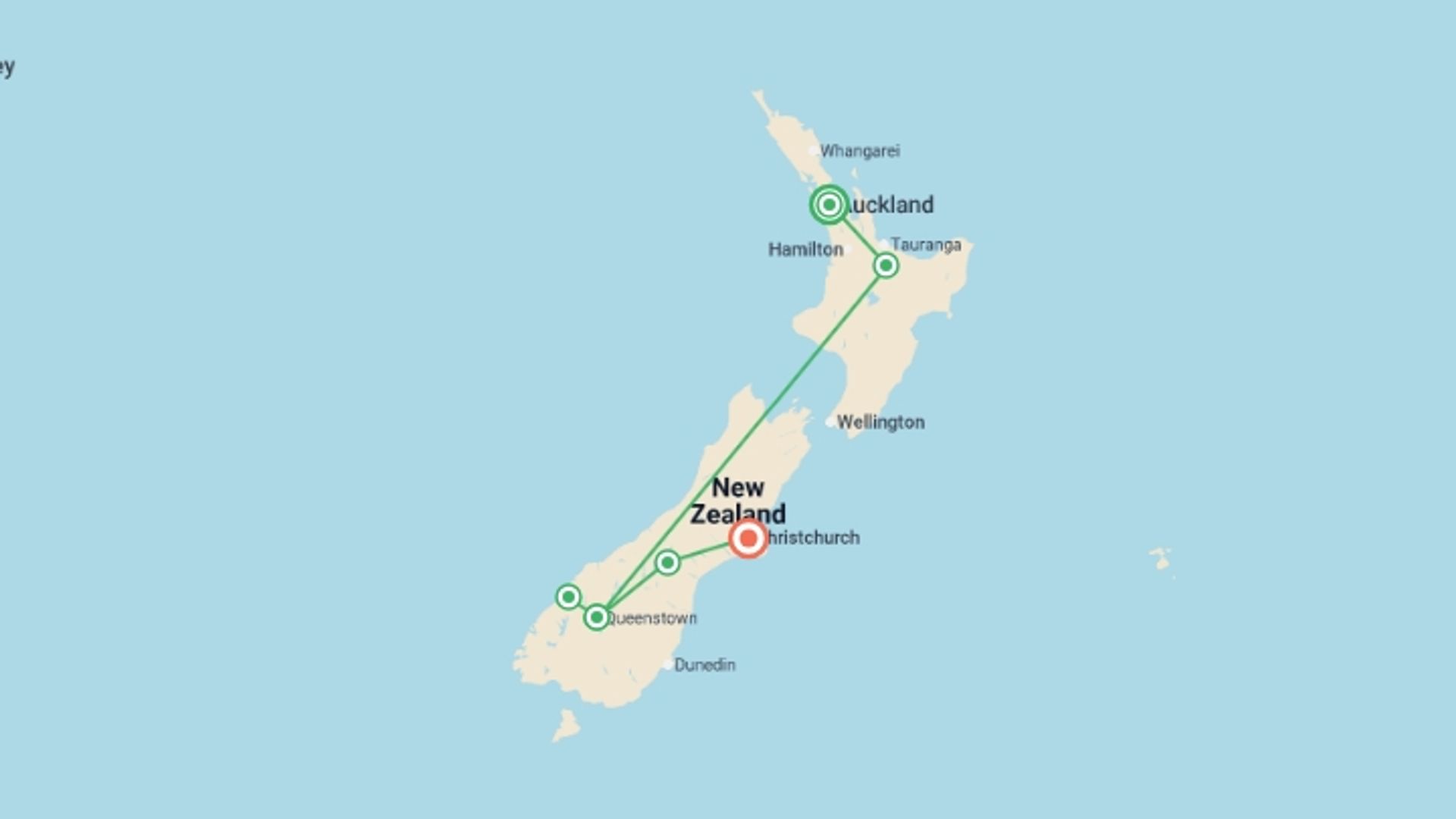 A map showing the tour itinerary for the trip: Contrasts Of New Zealand, starting in Auckland, New Zealand and ending in Christchurch, New Zealand going through 5 other destinations.