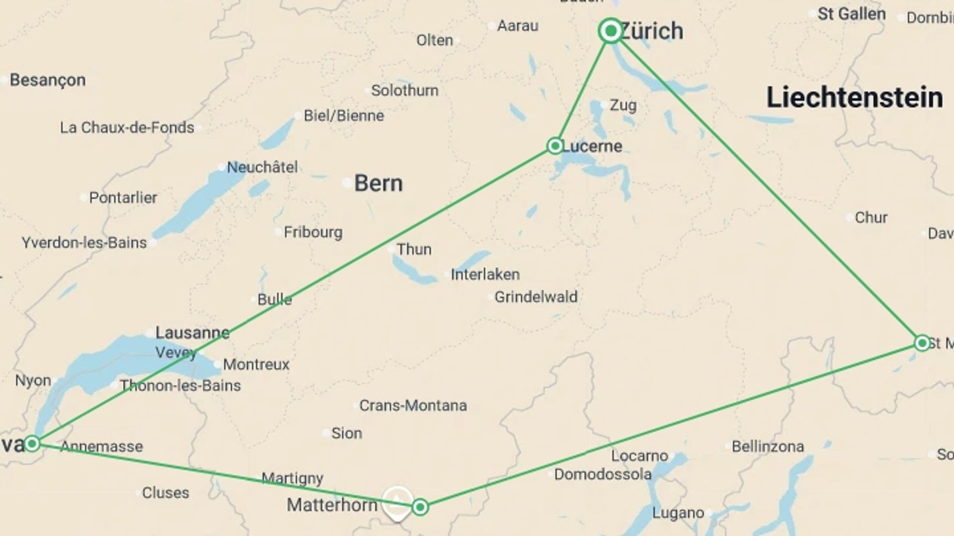 A map showing the tour itinerary for the trip: Contrasts of Switzerland, starting in Zurich, Switzerland and ending in Zurich, Switzerland going through 4 other destinations.