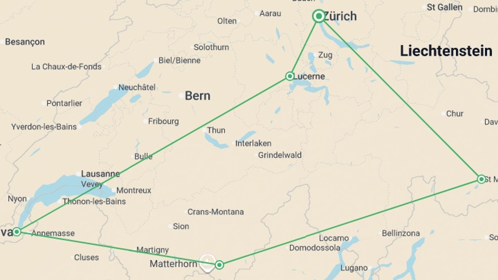 A map showing the tour itinerary for the trip: Contrasts of Switzerland, starting in Zurich, Switzerland and ending in Zurich, Switzerland going through 4 other destinations.