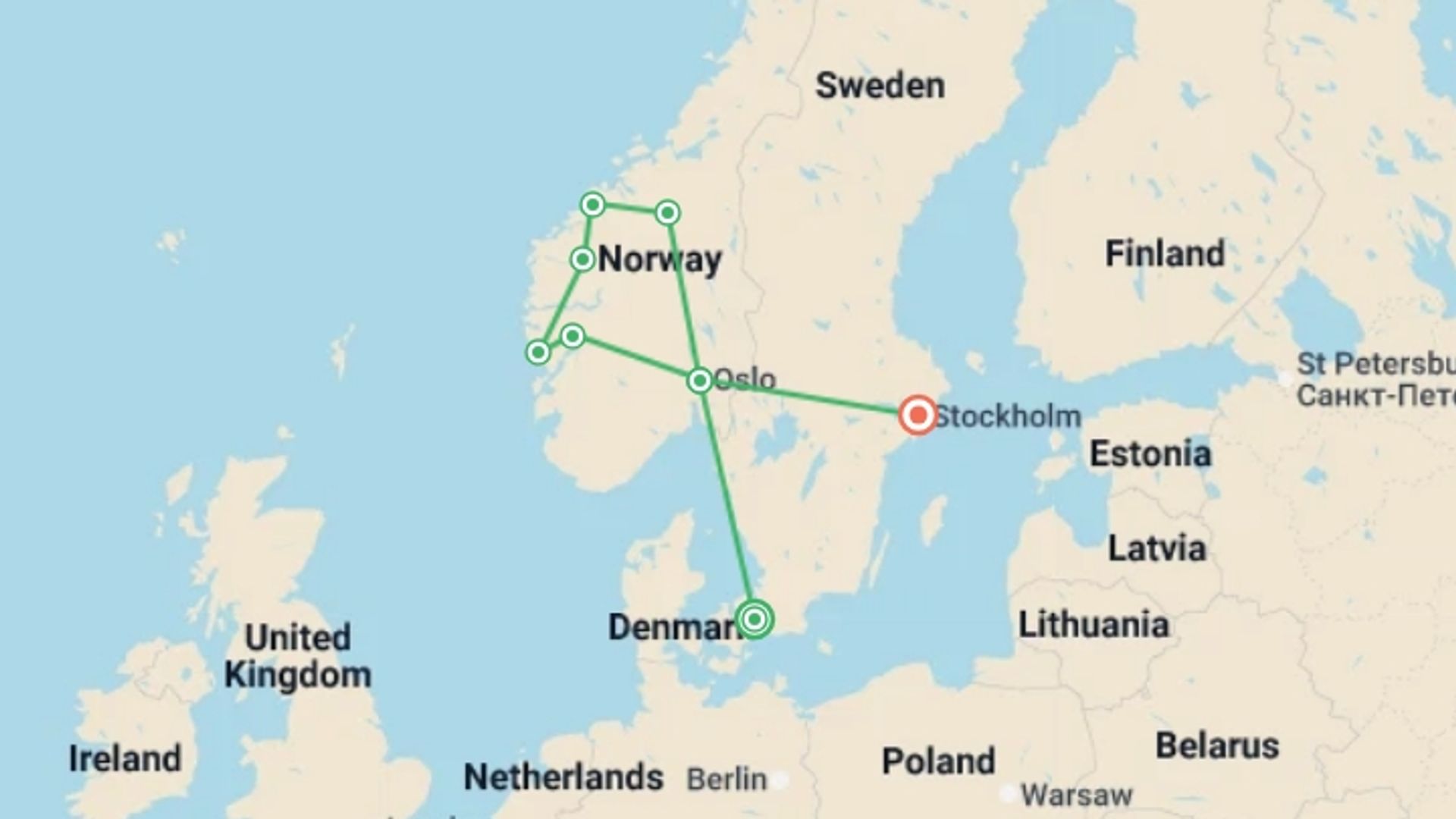 A map showing the tour itinerary for the trip: Copenhagen, Norwegian Fjords & Stockholm - 13 days, starting in Copenhagen, Denmark and ending in Stockholm, Sweden going through 5 other destinations.
