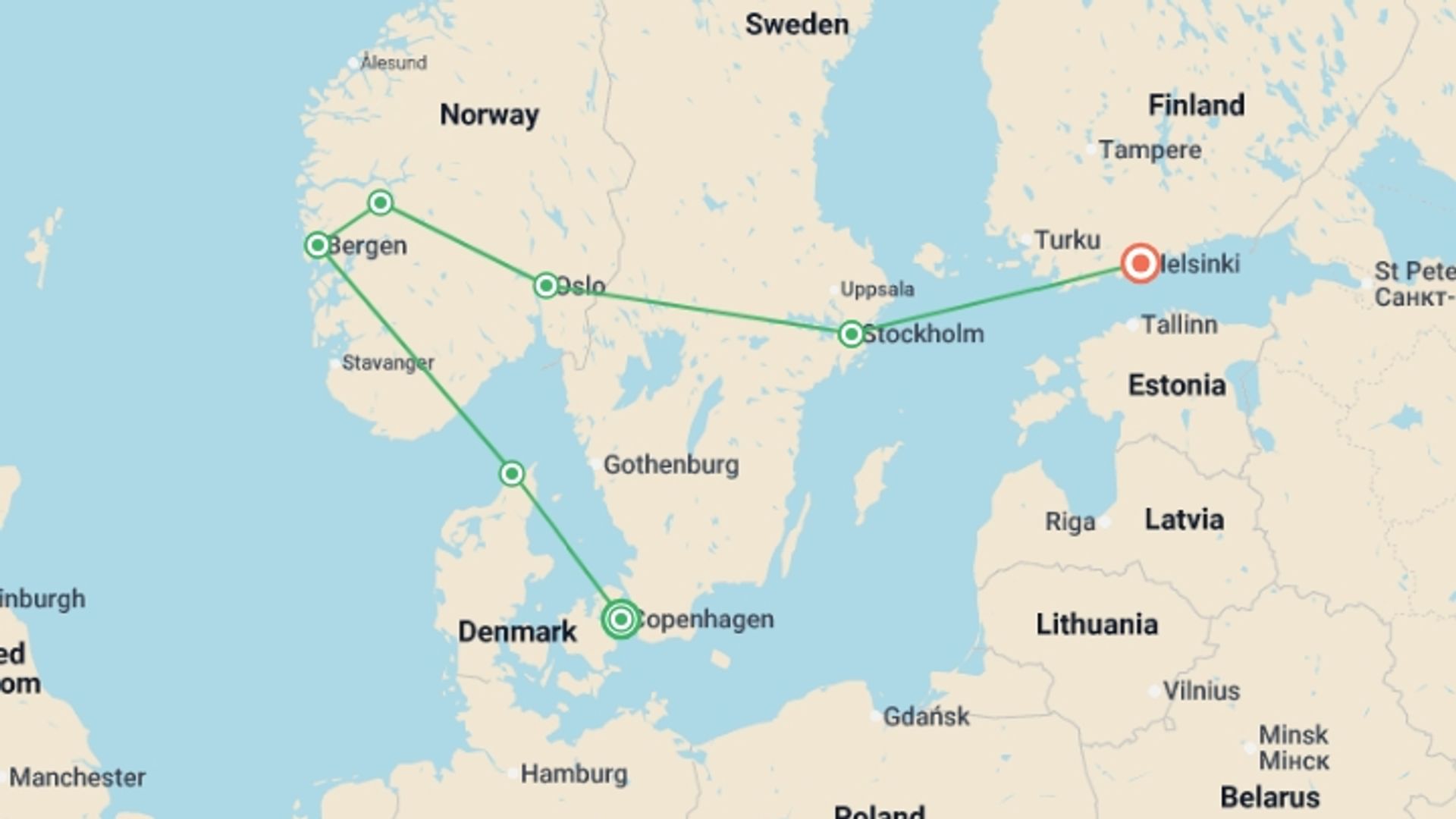 A map showing the tour itinerary for the trip: Copenhagen to Helsinki Christmas & New Year, starting in Copenhagen, Denmark and ending in Helsinki, Finland going through 5 other destinations.