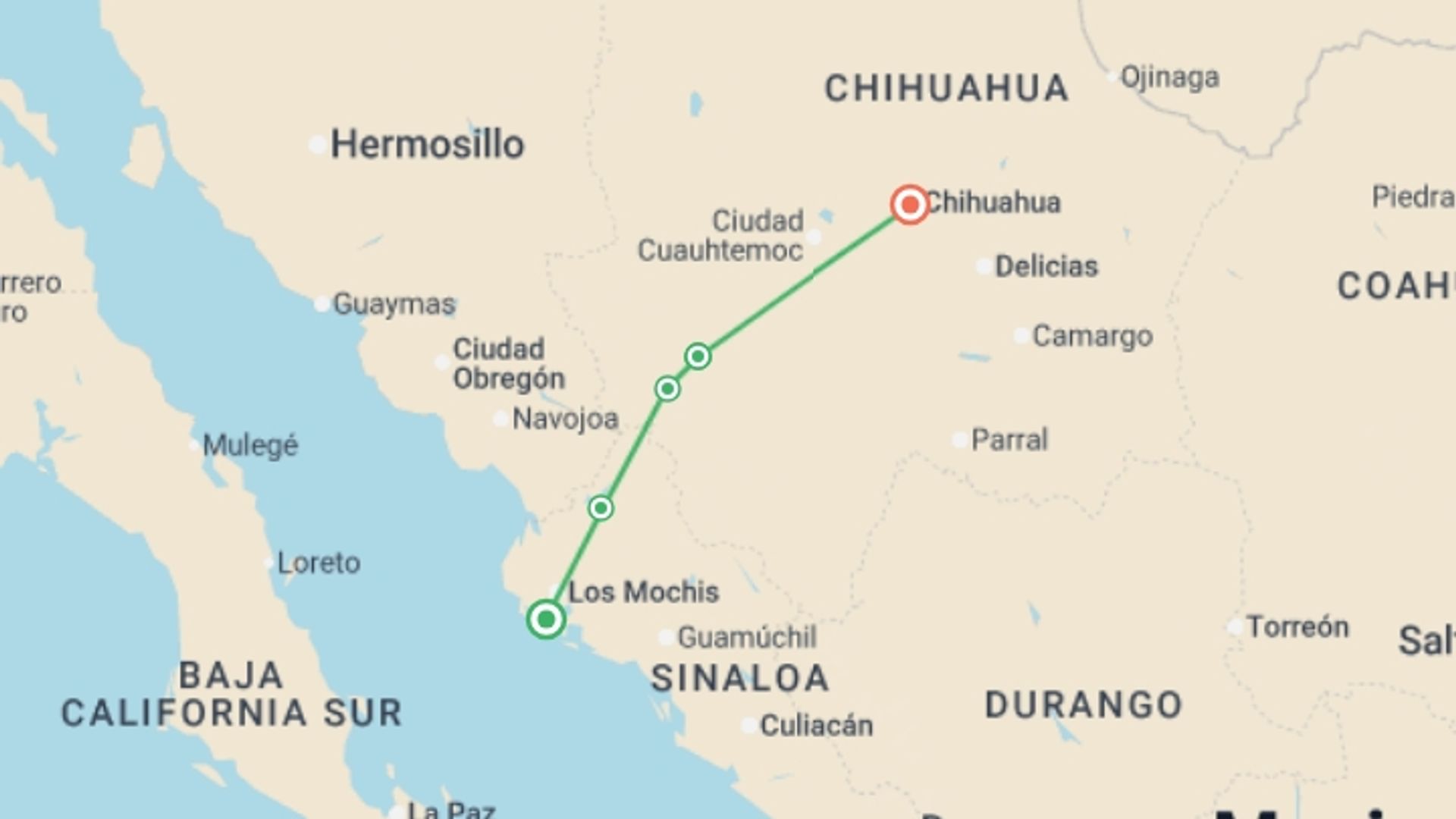 A map showing the tour itinerary for the trip: Copper Canyon Train & 3 Cultures 8D/7N, starting in Mexico and ending in Chihuahua, Mexico going through 1 other destinations.