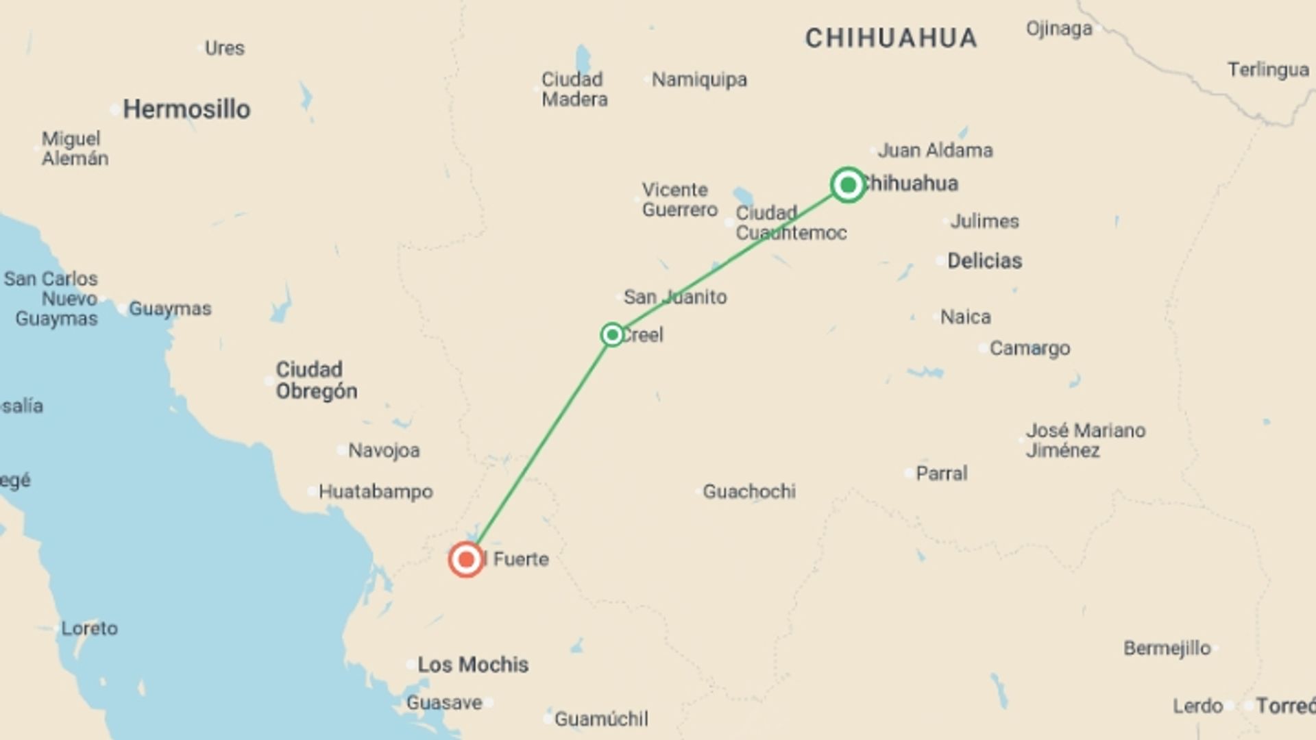 A map showing the tour itinerary for the trip: Copper Canyon Train & Sierra Tarahumara 5D/4N, starting in Chihuahua, Mexico and ending in Mexico City, Mexico going through 2 other destinations.