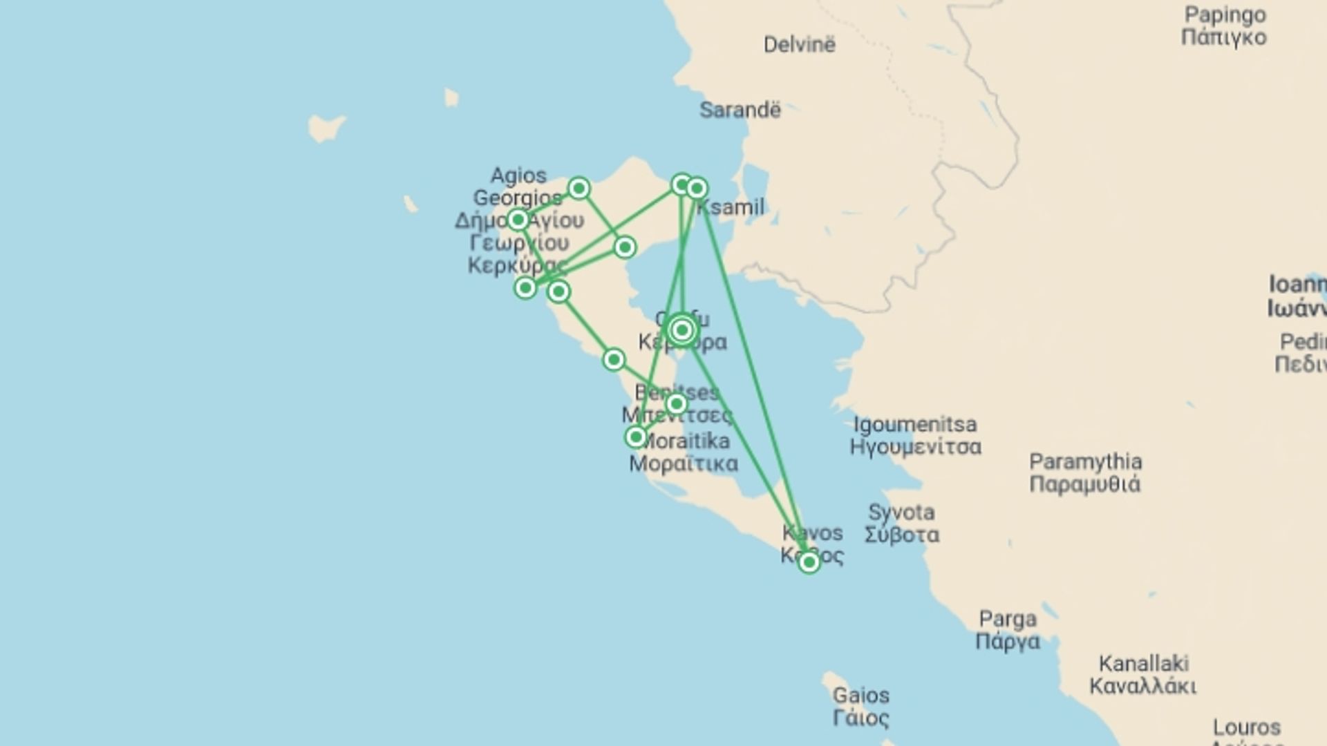 A map showing the tour itinerary for the trip: Corfu Trail Walking - North and South, starting in Corfu, Greece and ending in Corfu, Greece going through 7 other destinations.