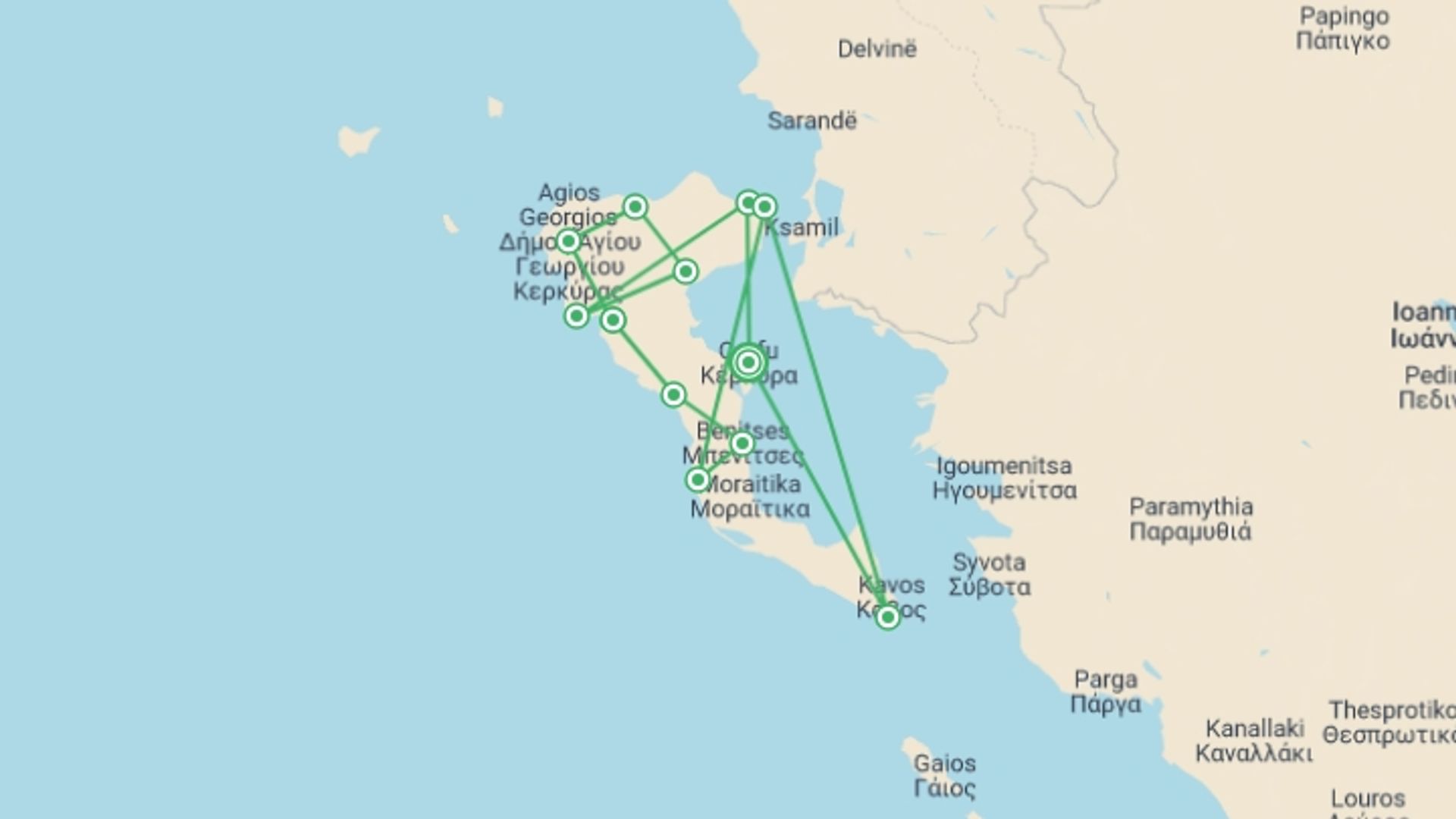 A map showing the tour itinerary for the trip: Corfu Trail Walking - North and South, starting in Corfu, Greece and ending in Corfu, Greece going through 7 other destinations.
