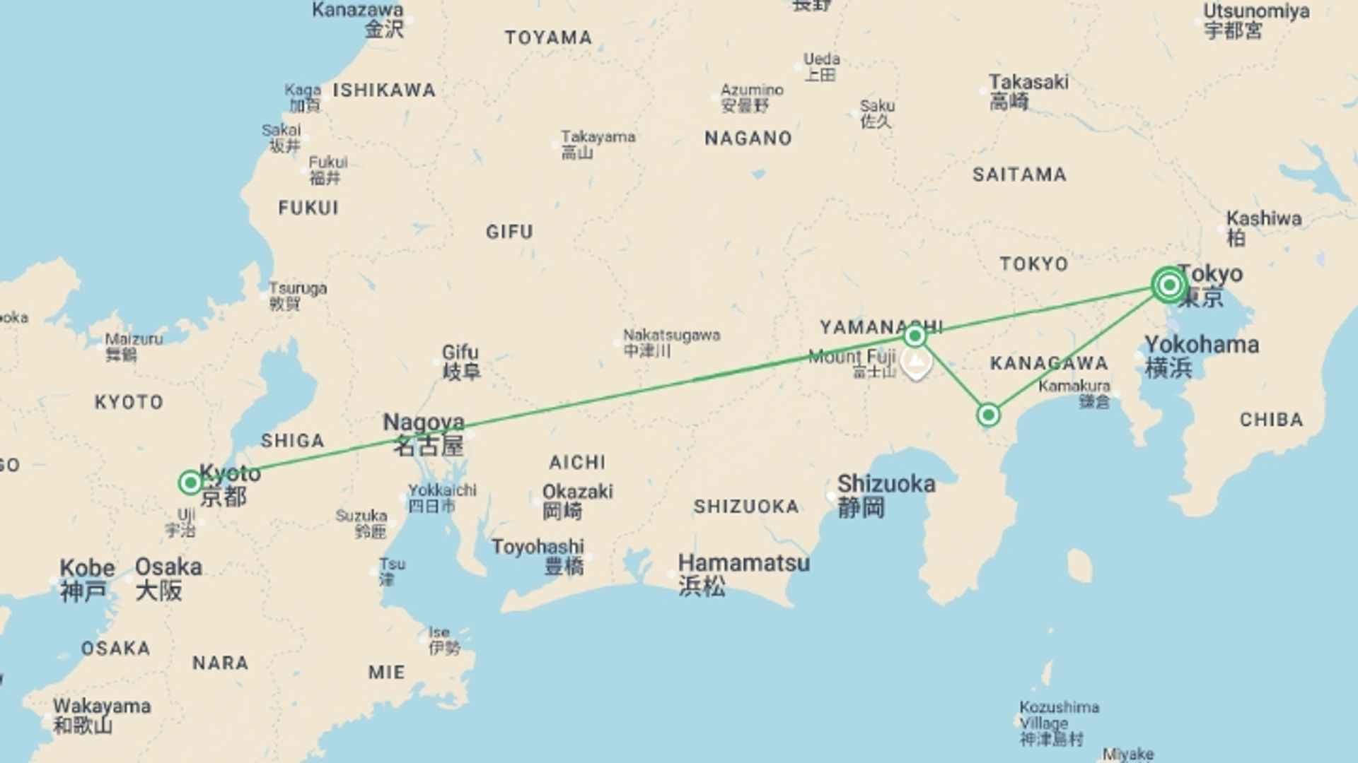 A map showing the tour itinerary for the trip: Corners of Japan with Mount Fuji, starting in Tokyo, Japan and ending in Tokyo, Japan going through 2 other destinations.