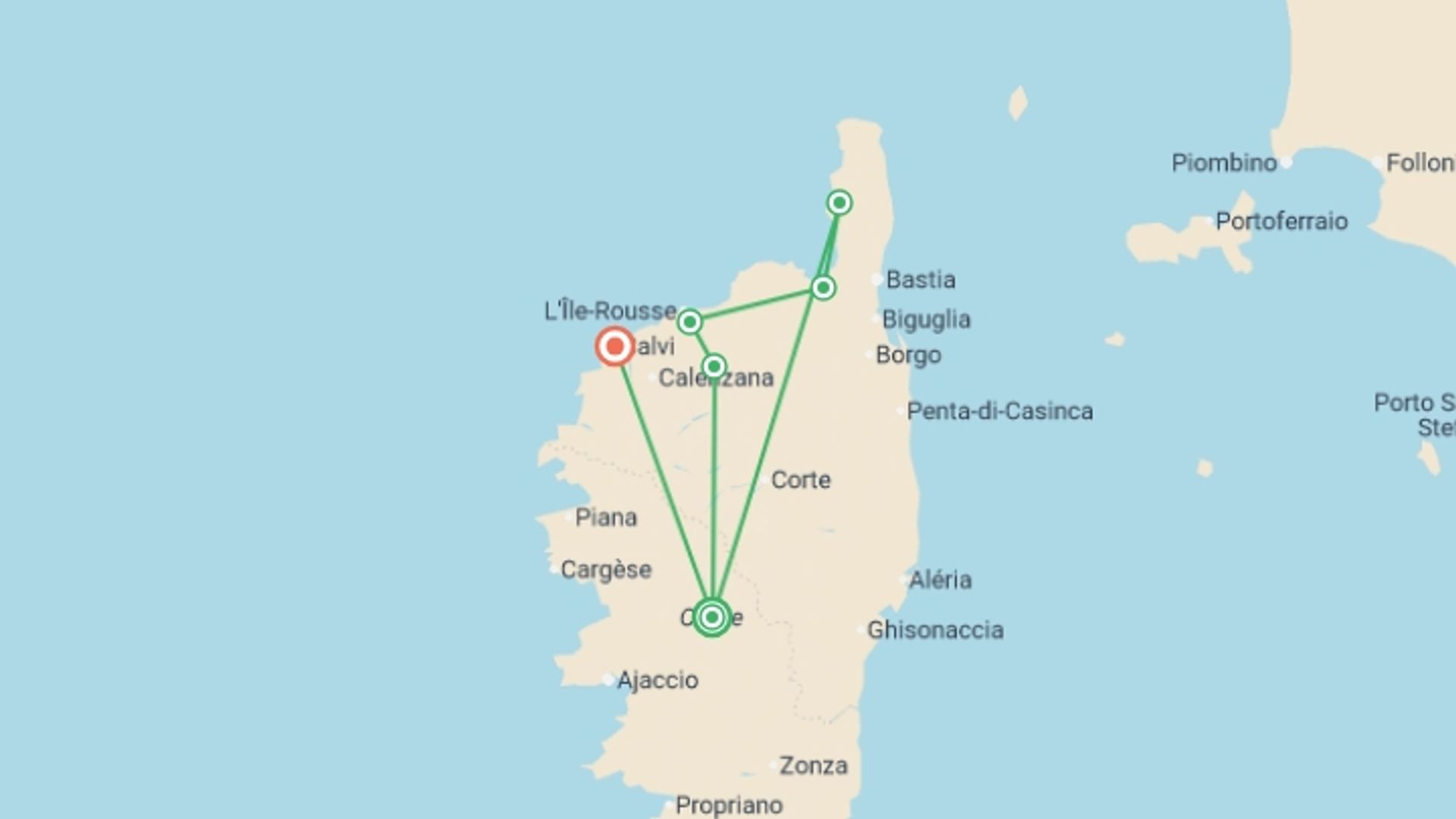 A map showing the tour itinerary for the trip: Corsica Cycle, starting in Bastia, France and ending in Calvi, France going through 3 other destinations.