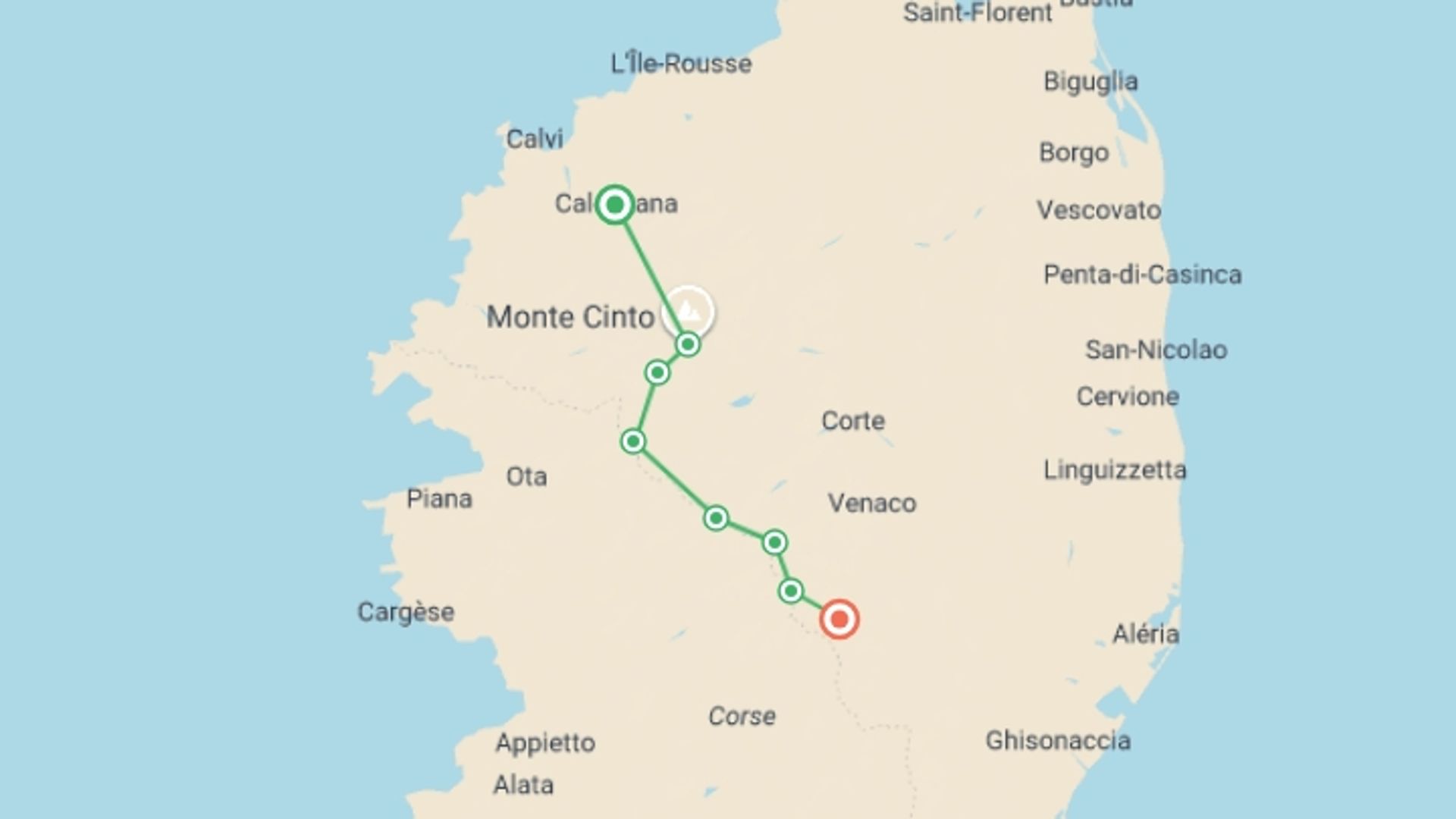 A map showing the tour itinerary for the trip: Corsica GR20 North, starting in Corsica, France and ending in Corsica, France going through 1 other destinations.