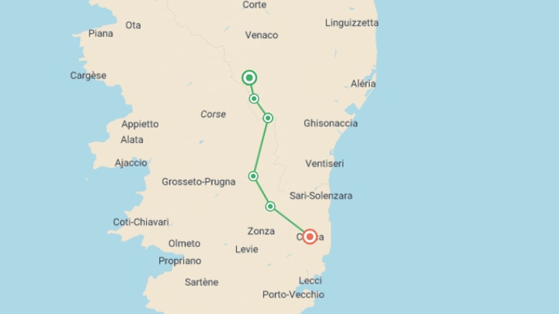 A map showing the tour itinerary for the trip: Corsica GR20 South, starting in Corsica, France and ending in France going through 1 other destinations.