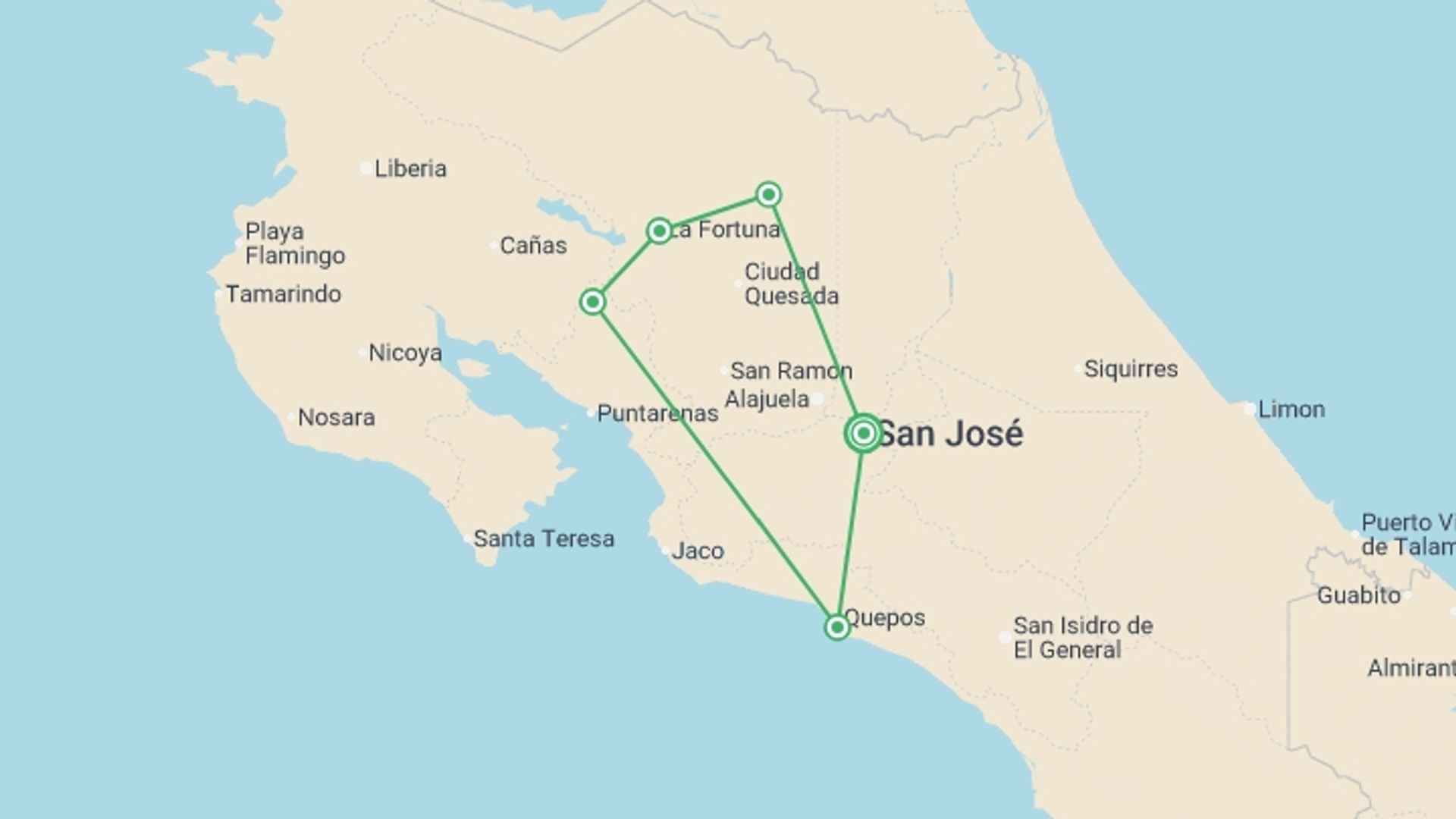A map showing the tour itinerary for the trip: Costa Rica Adventure 2027, starting in San Jose, Costa Rica and ending in San Jose, Costa Rica going through 2 other destinations.