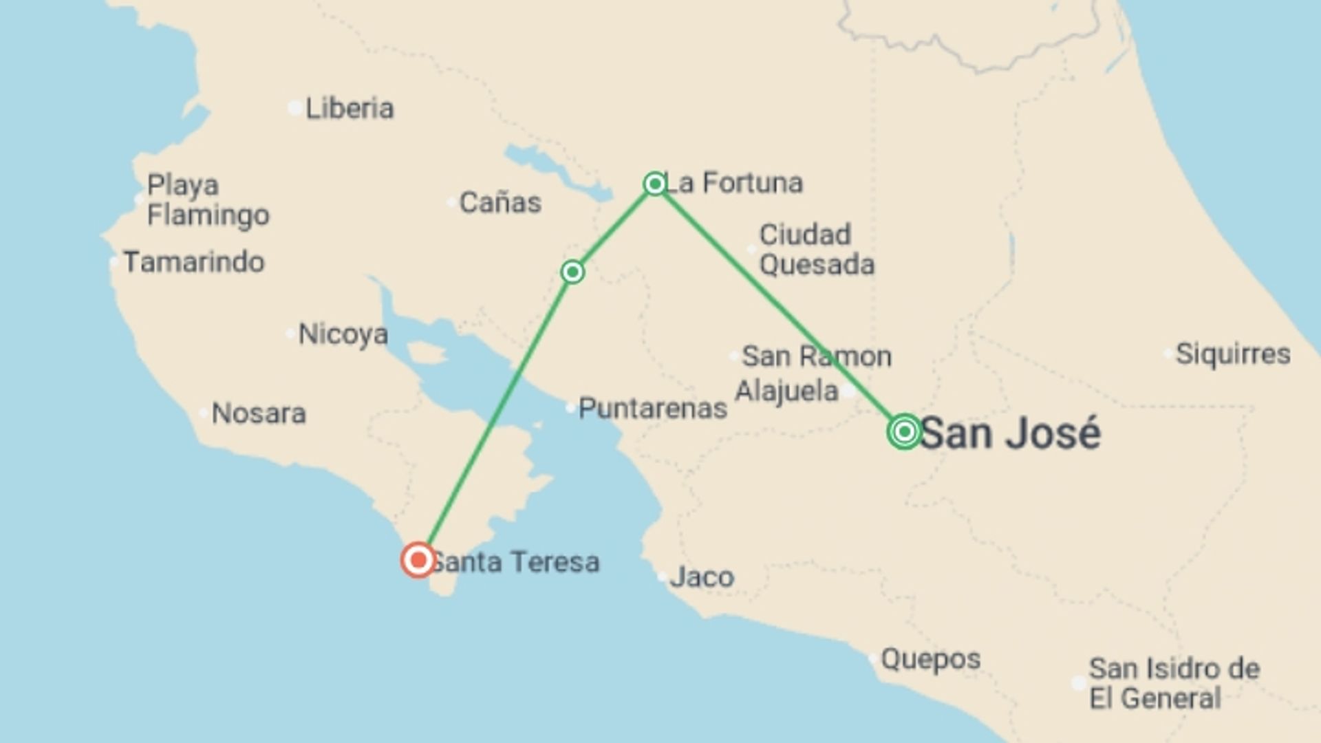 A map showing the tour itinerary for the trip: Costa Rica Adventure, starting in San Jose, Costa Rica and ending in Punta Arenas, Costa Rica going through 3 other destinations.