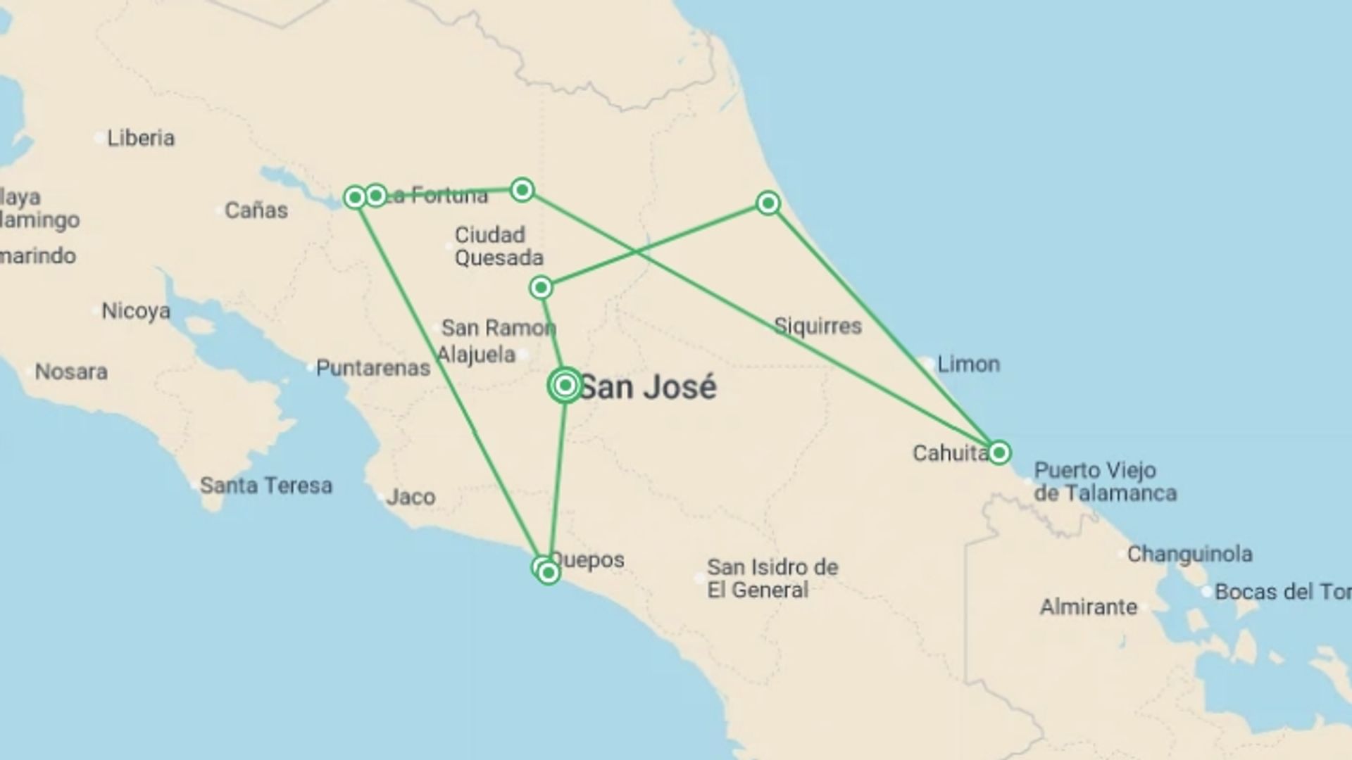 A map showing the tour itinerary for the trip: Costa Rica Adventure Family Holiday, starting in San Jose, Costa Rica and ending in San Jose, Costa Rica going through 8 other destinations.