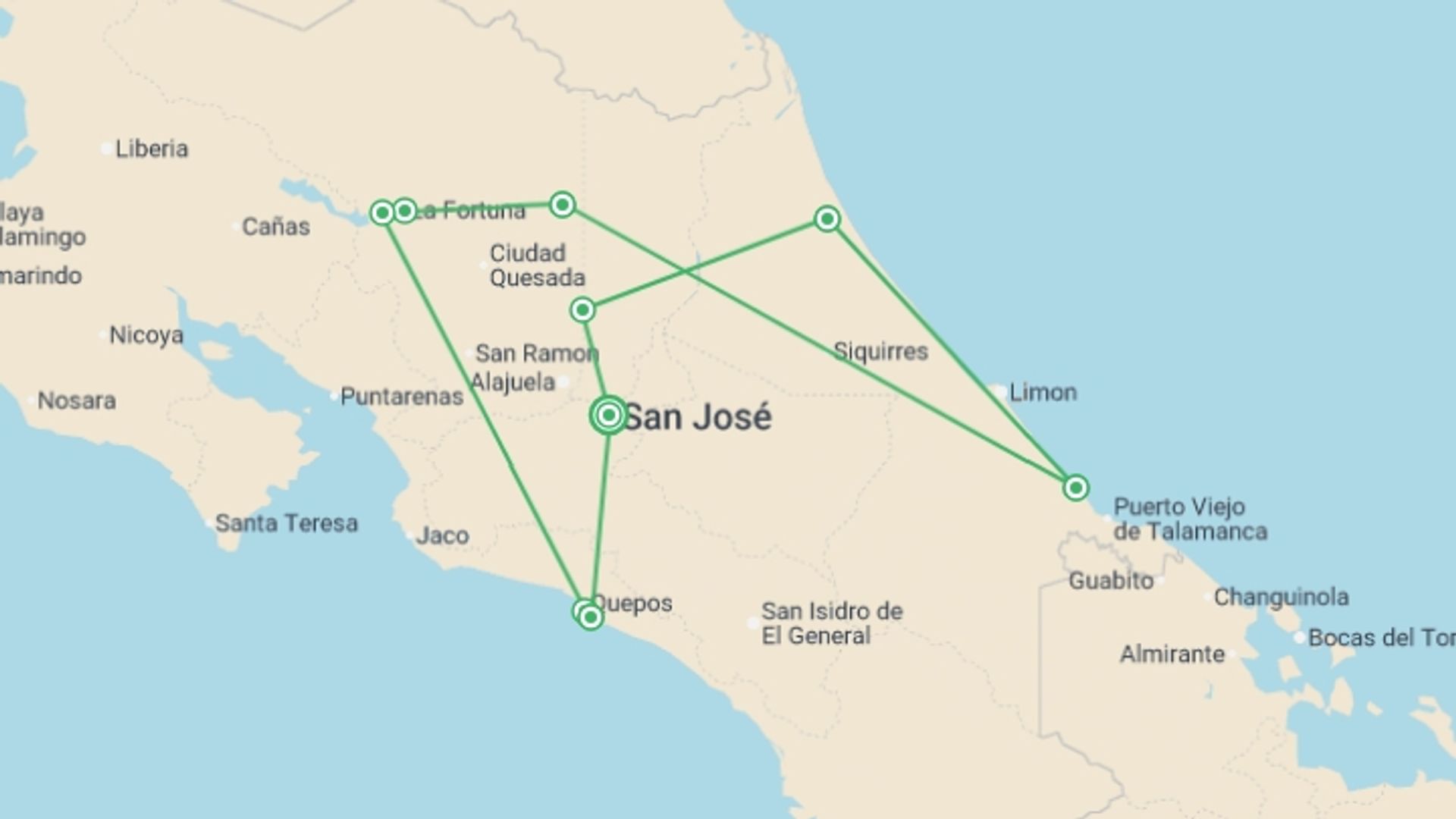 A map showing the tour itinerary for the trip: Costa Rica Adventure Family Holiday, starting in San Jose, Costa Rica and ending in San Jose, Costa Rica going through 8 other destinations.