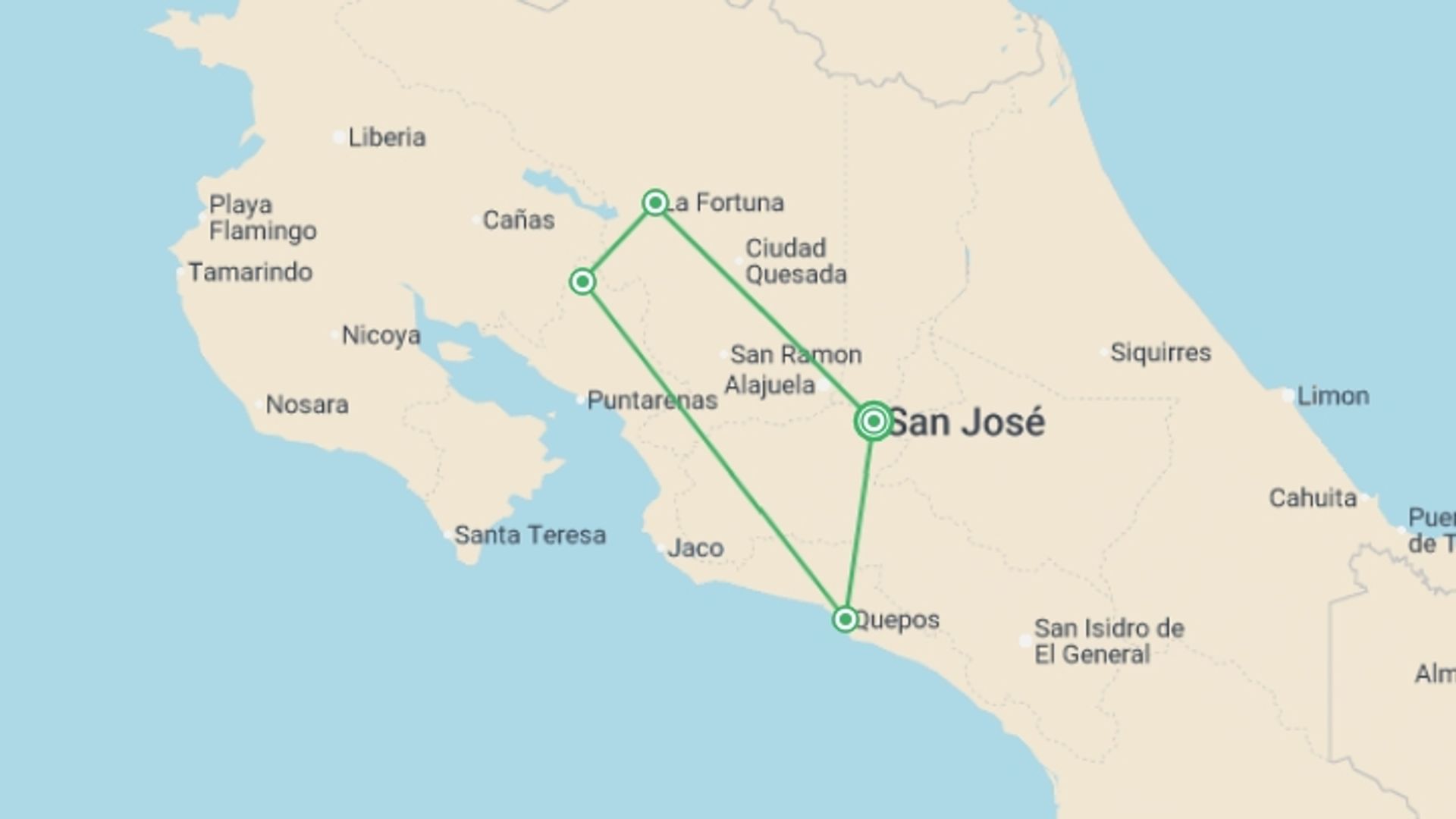 A map showing the tour itinerary for the trip: Costa Rica Escape, starting in San Jose, Costa Rica and ending in San Jose, Costa Rica going through 2 other destinations.