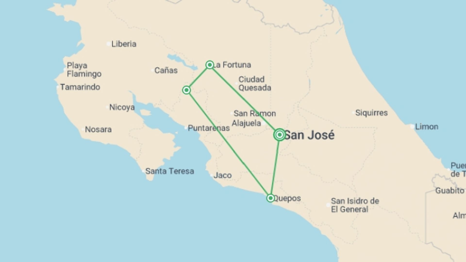 A map showing the tour itinerary for the trip: Costa Rica Escape, starting in San Jose, Costa Rica and ending in San Jose, Costa Rica going through 2 other destinations.