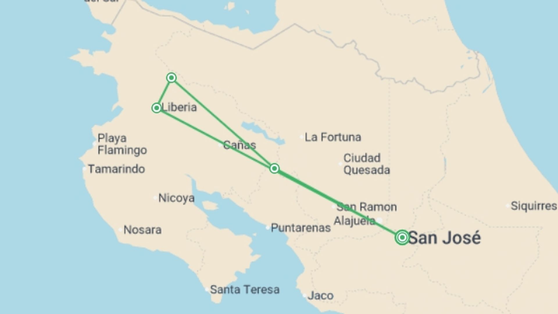 A map showing the tour itinerary for the trip: Costa Rica Family Journey: From Rainforest to Coast, starting in San Jose, Costa Rica and ending in San Jose, Costa Rica going through 4 other destinations.