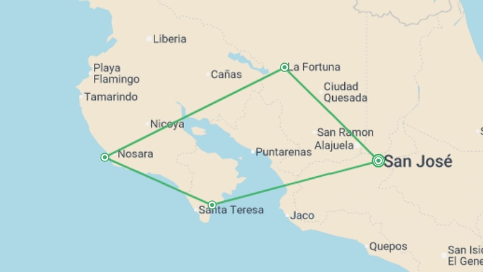 A map showing the tour itinerary for the trip: Costa Rica: Ocean Waves & Sunsets, starting in San Jose, Costa Rica and ending in San Jose, Costa Rica going through 4 other destinations.