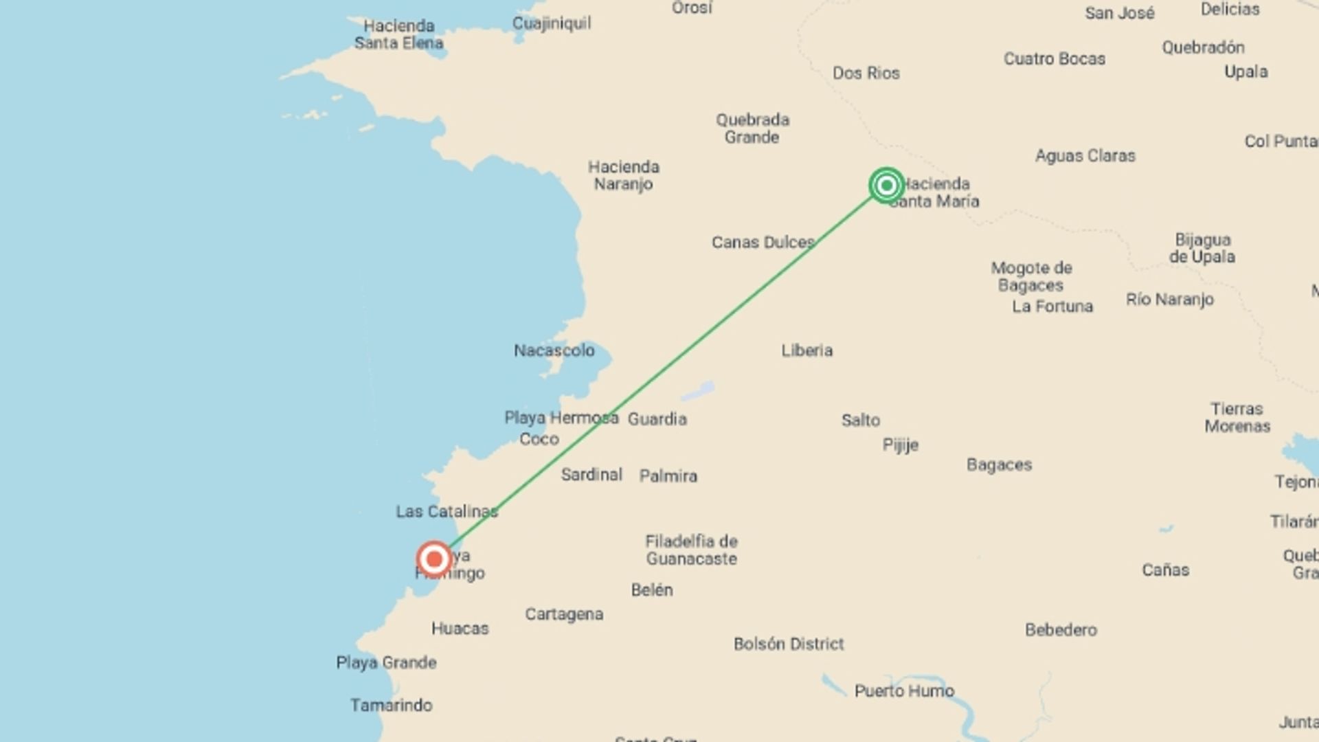 A map showing the tour itinerary for the trip: Costa Rica: The Wonders & Wildlife of the North, starting in Liberia City, Costa Rica and ending in San Jose, Costa Rica going through 3 other destinations.