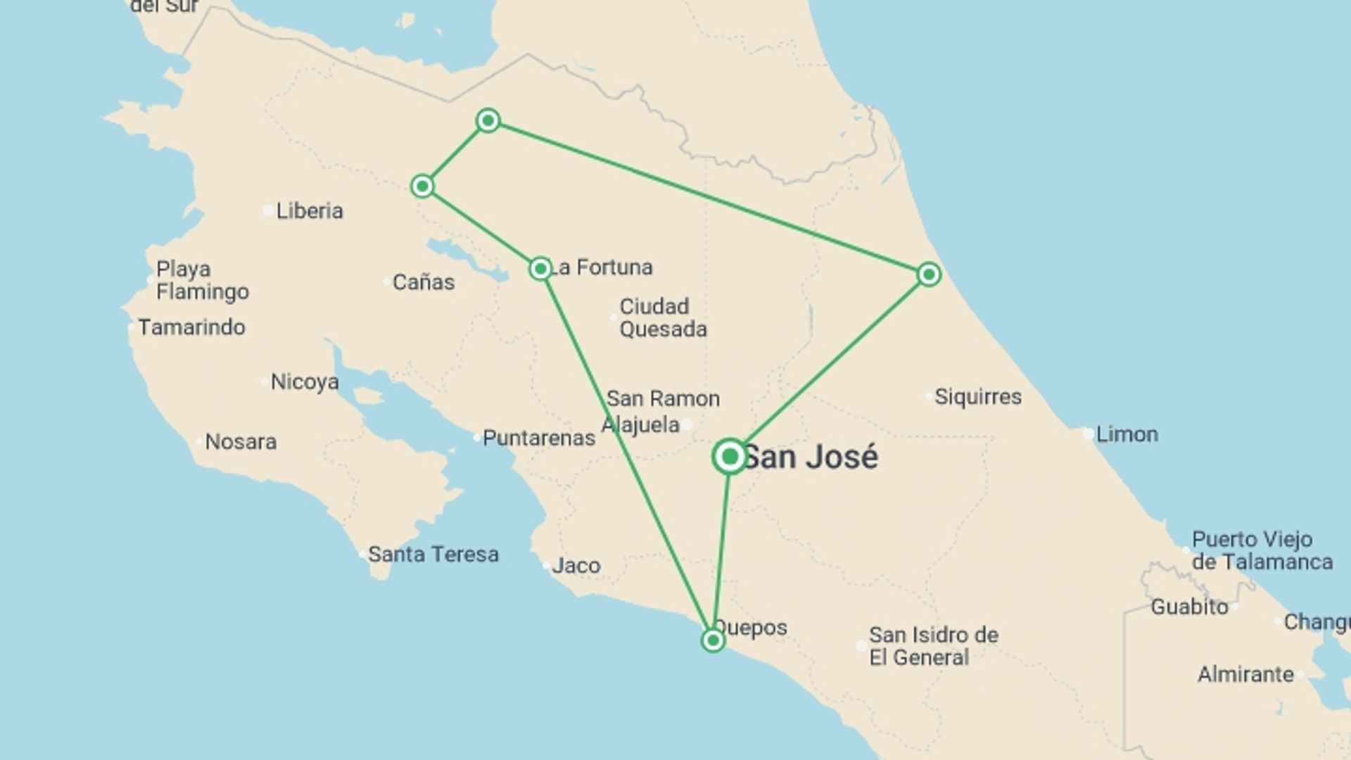 A map showing the tour itinerary for the trip: Costa Rica: Tortuguero, Arenal & Manuel Antonio, starting in San Jose, Costa Rica and ending in San Jose, Costa Rica going through 6 other destinations.