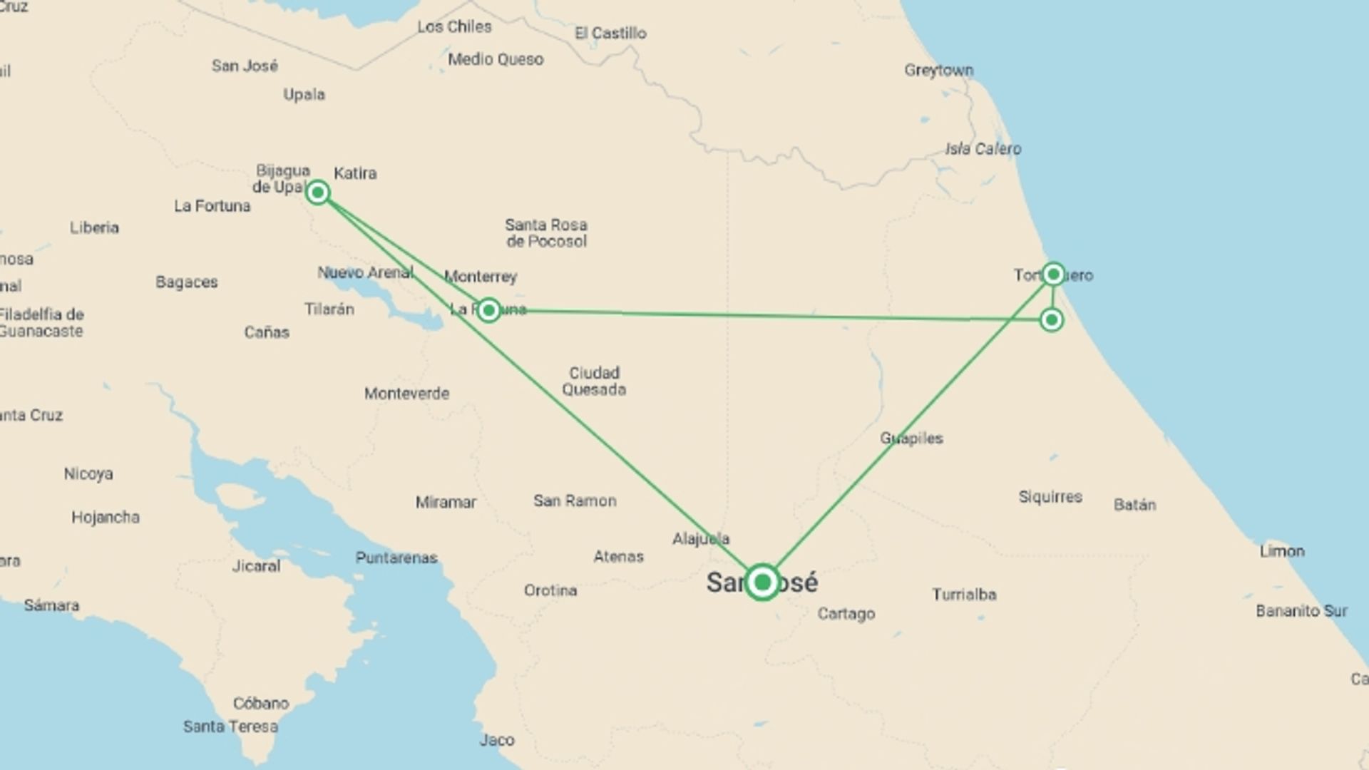 A map showing the tour itinerary for the trip: Costa Rica: Tortuguero, La Fortuna & Rio Celeste, starting in San Jose, Costa Rica and ending in San Jose, Costa Rica going through 3 other destinations.