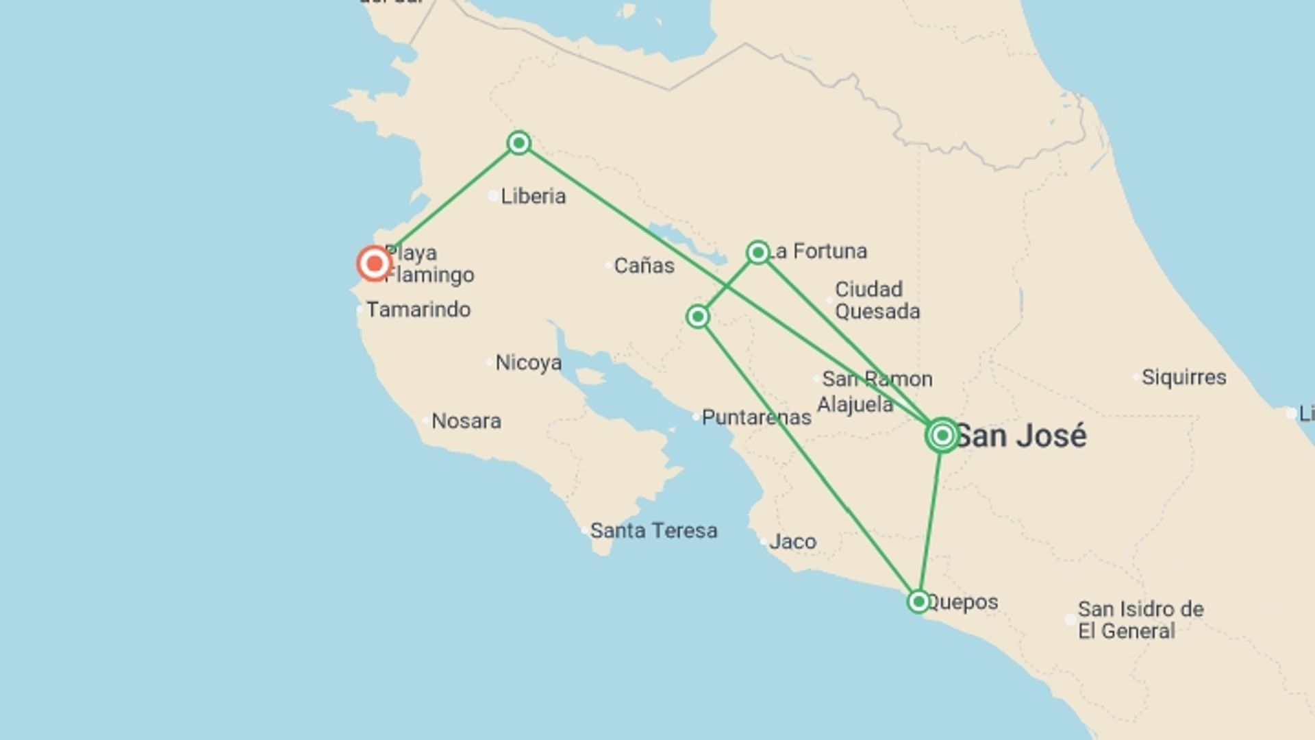 A map showing the tour itinerary for the trip: Costa Rica: Wildlife, National Parks & Hidden Gems of the Northwest, starting in San Jose, Costa Rica and ending in San Jose, Costa Rica going through 3 other destinations.