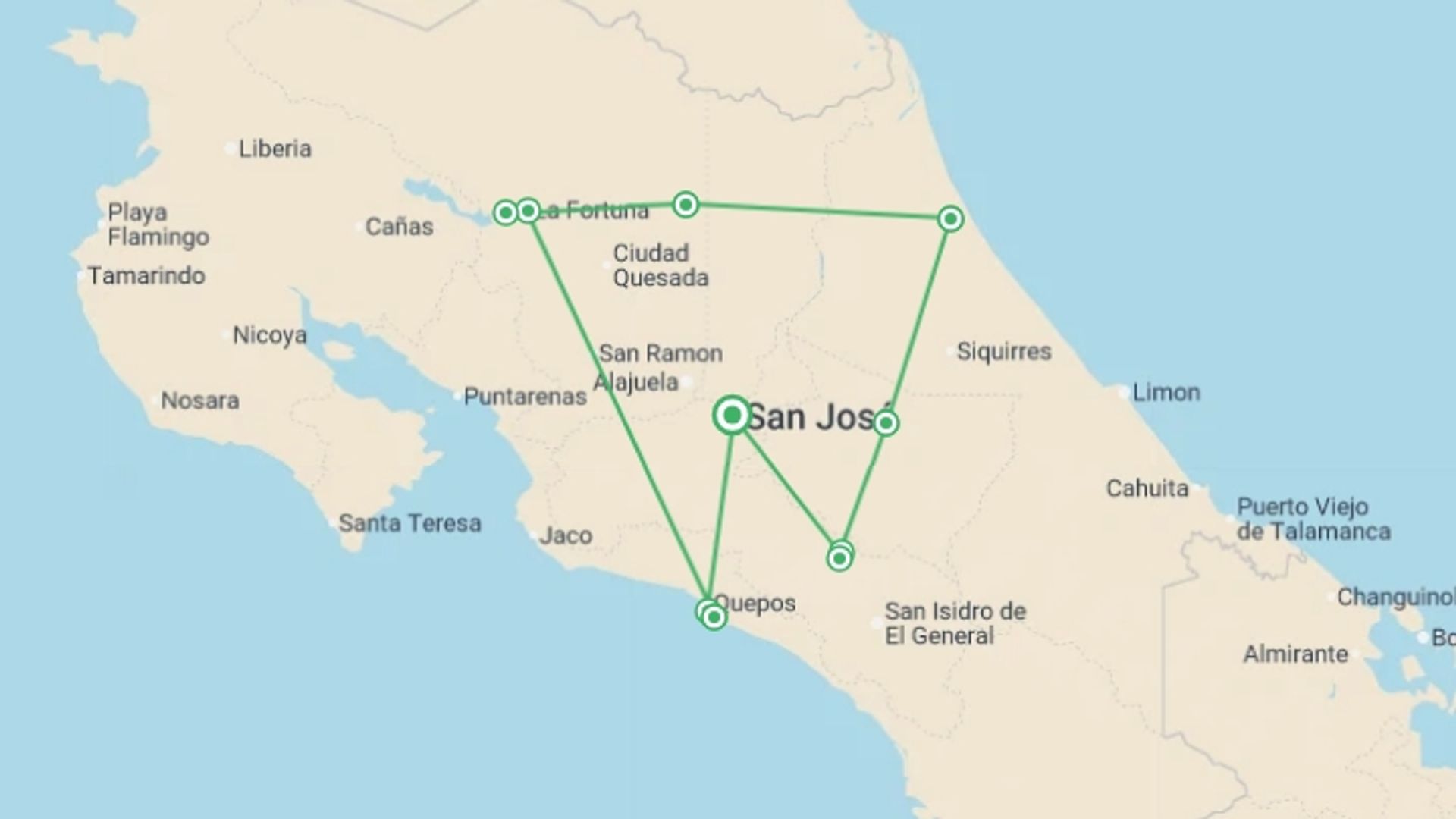A map showing the tour itinerary for the trip: Costa Rica Wildlife Tour, starting in San Jose, Costa Rica and ending in San Jose, Costa Rica going through 6 other destinations.