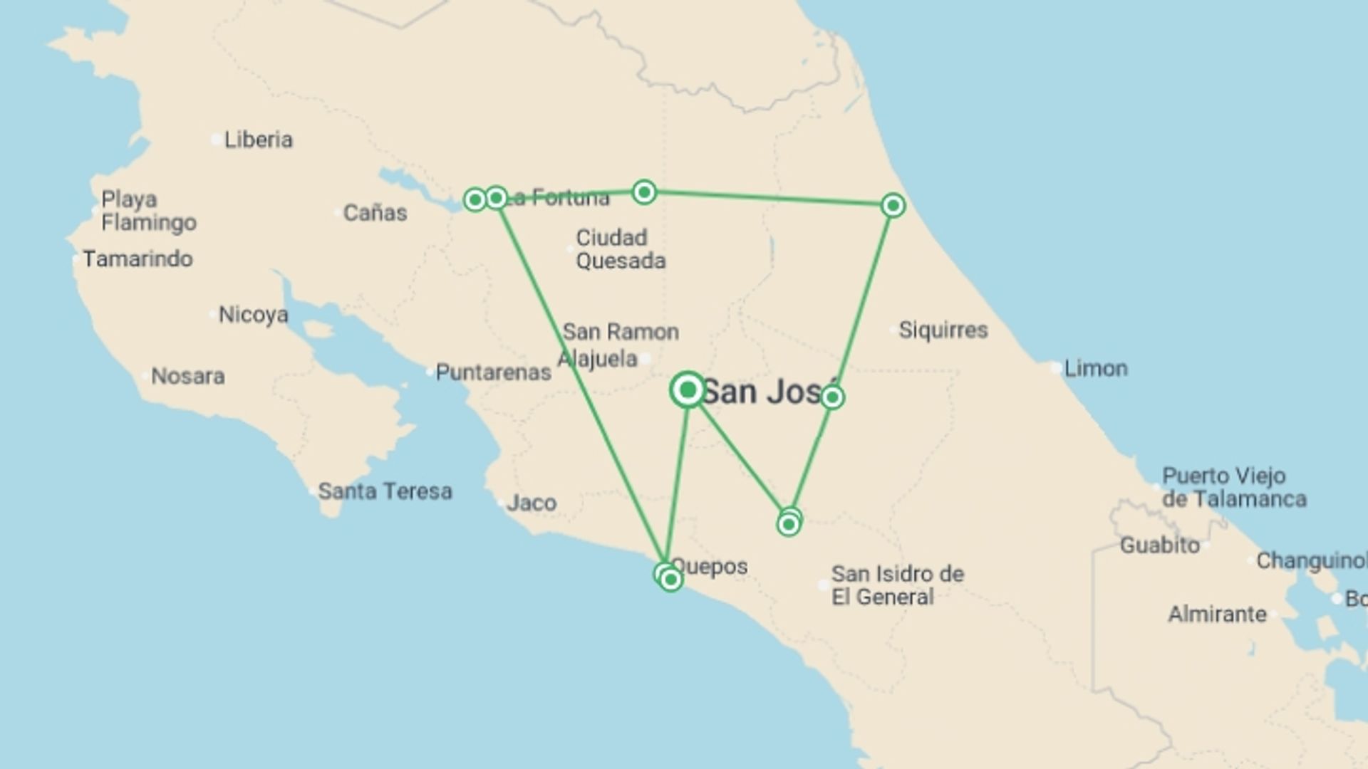 A map showing the tour itinerary for the trip: Costa Rica Wildlife Tour, starting in San Jose, Costa Rica and ending in San Jose, Costa Rica going through 6 other destinations.