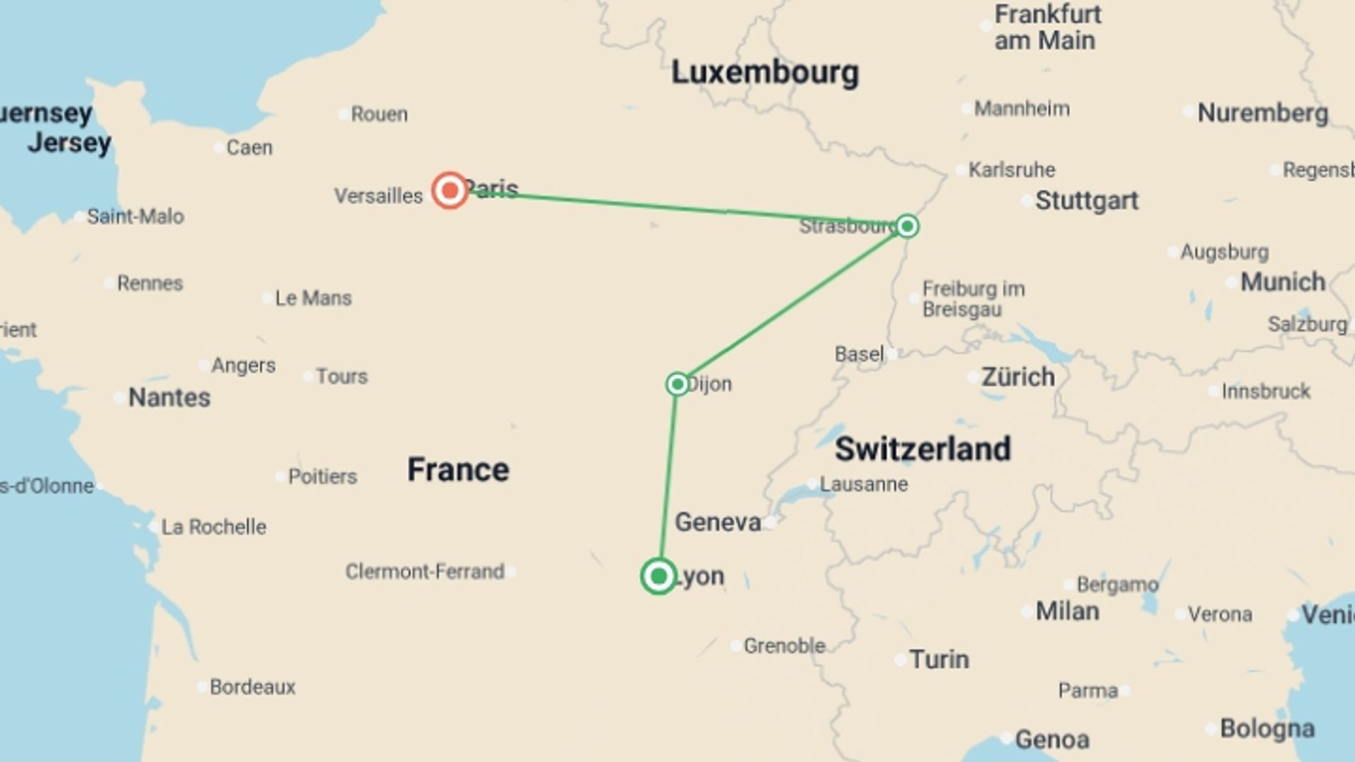 A map showing the tour itinerary for the trip: Cote d Azur, Burgundy and Alsace, starting in Marseille, France and ending in Paris, France going through 5 other destinations.
