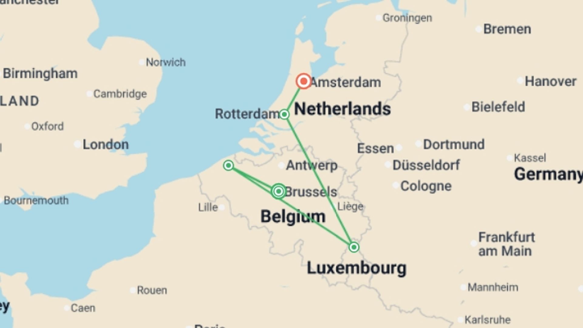 A map showing the tour itinerary for the trip: Country Roads of Belgium, Luxembourg & the Netherlands, starting in Brussels, Belgium and ending in Amsterdam, Holland going through 4 other destinations.