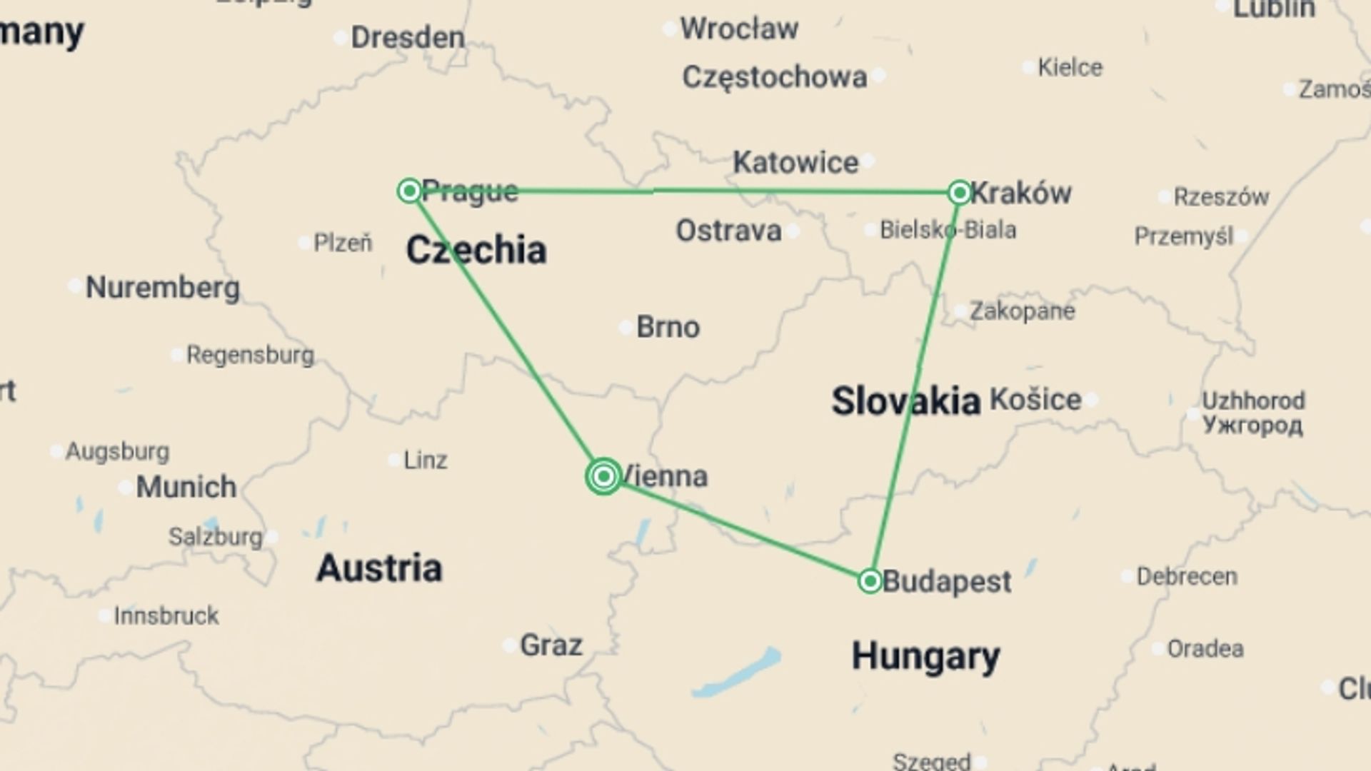 A map showing the tour itinerary for the trip: Country Roads of Central Europe, starting in Vienna, Austria and ending in Vienna, Austria going through 4 other destinations.