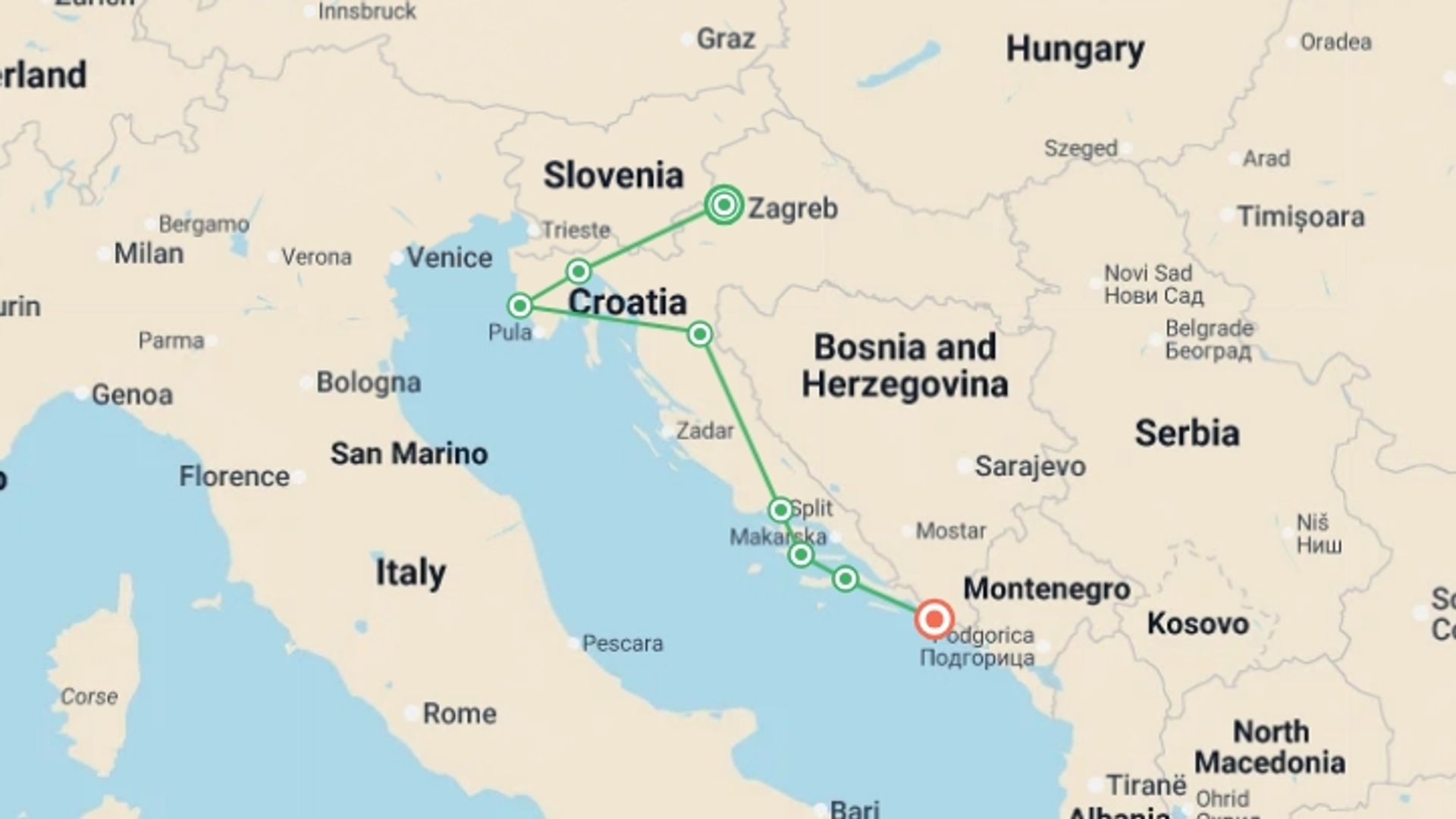 A map showing the tour itinerary for the trip: Country Roads of Croatia - Small Group, starting in Zagreb, Croatia and ending in Dubrovnik, Croatia going through 6 other destinations.