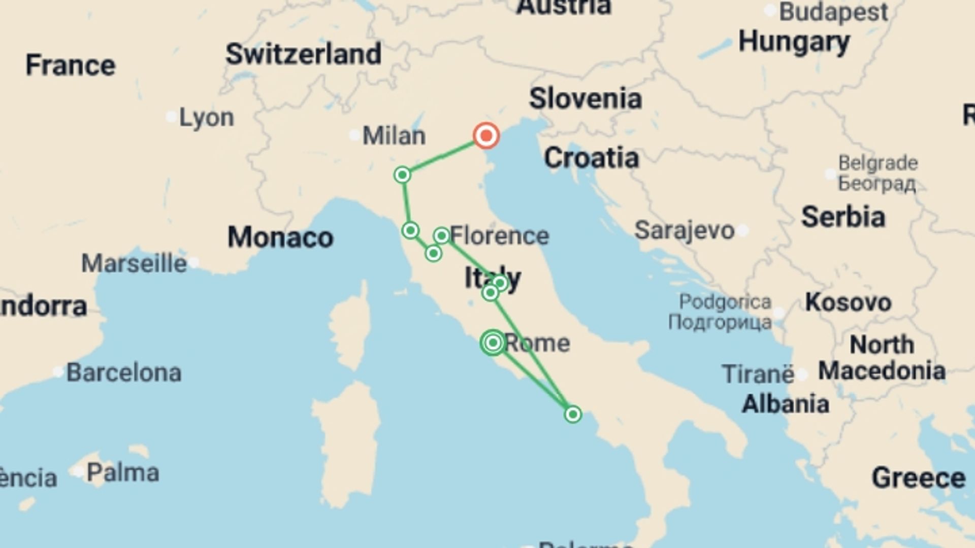 A map showing the tour itinerary for the trip: Country Roads of Italy, a Women-Only Tour, starting in Rome, Italy and ending in Venice, Italy going through 7 other destinations.