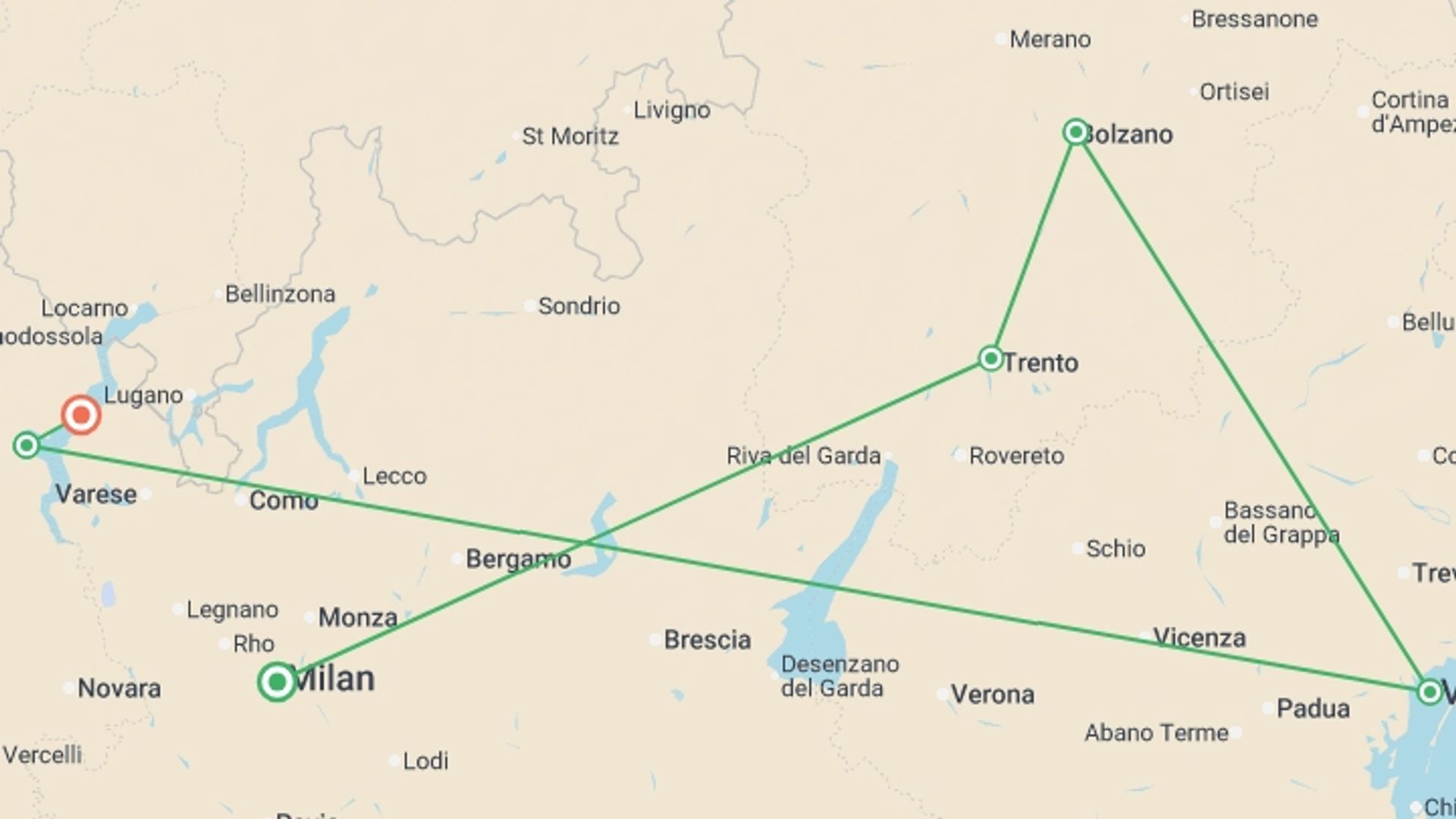 A map showing the tour itinerary for the trip: Country Roads of Northern Italy - Small Group, starting in Milan, Italy and ending in Milan, Italy going through 4 other destinations.