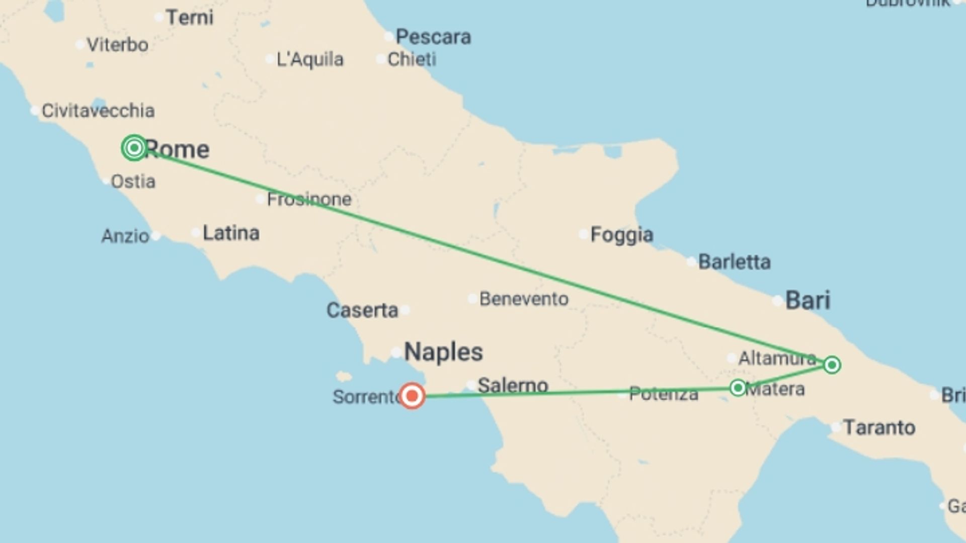 A map showing the tour itinerary for the trip: Country Roads of Southern Italy, starting in Rome, Italy and ending in Rome, Italy going through 4 other destinations.